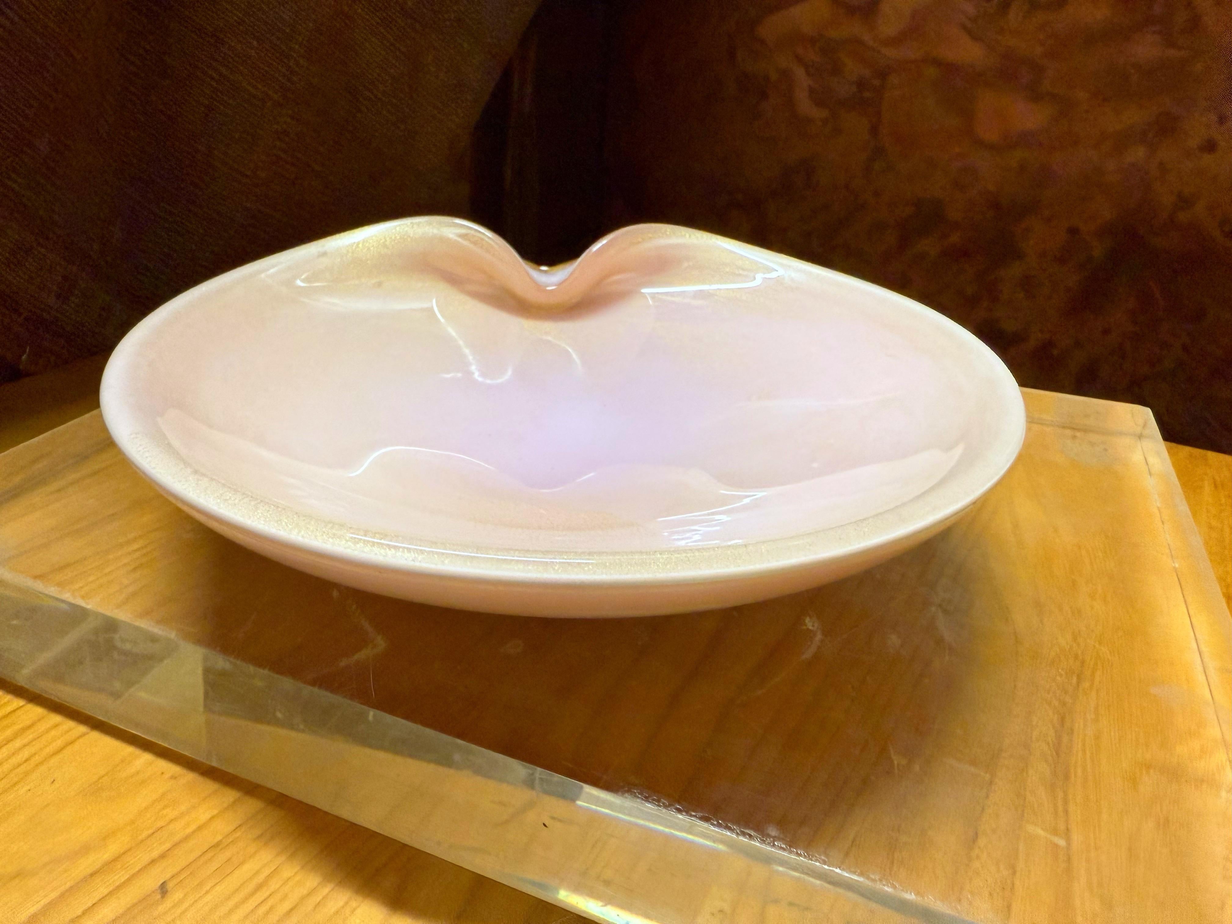 Italian Alfredo Barbini Pink Opal Gold Dust Murano Folded Rim Bowl