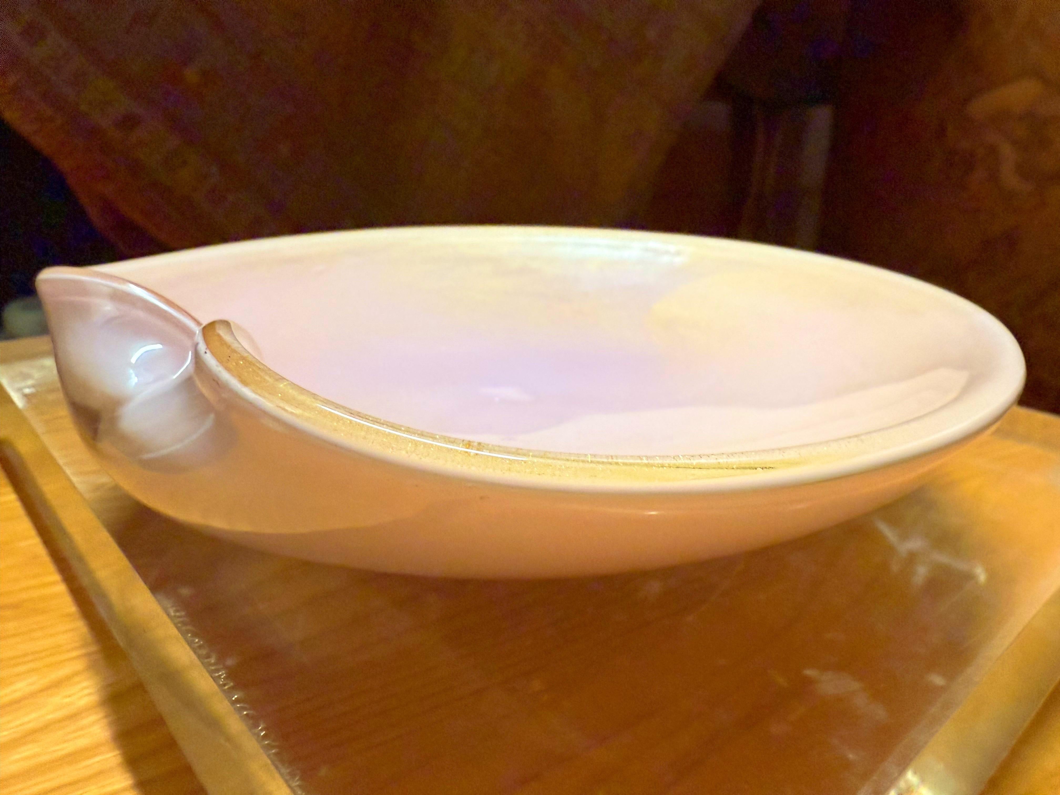 Hand-Crafted Alfredo Barbini Pink Opal Gold Dust Murano Folded Rim Bowl