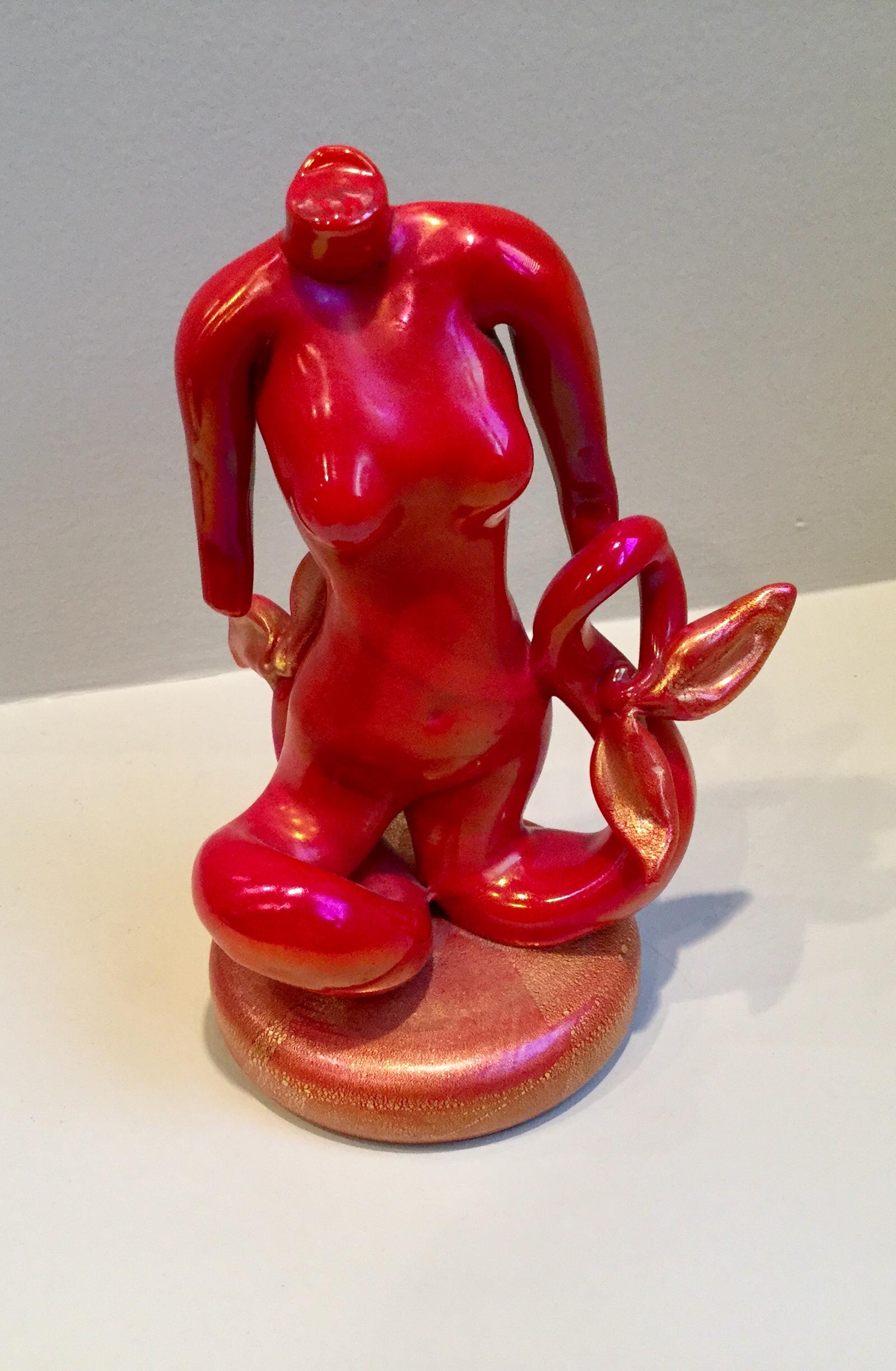 Red Pasta glass figural nude Sirene after a design by Eugene Berman and Napoleone Martinuzzi. Alfredo Barbini made these red pasta figures in the 1970s and early 1980s for Pauly and Company. Very scarce and limited production.