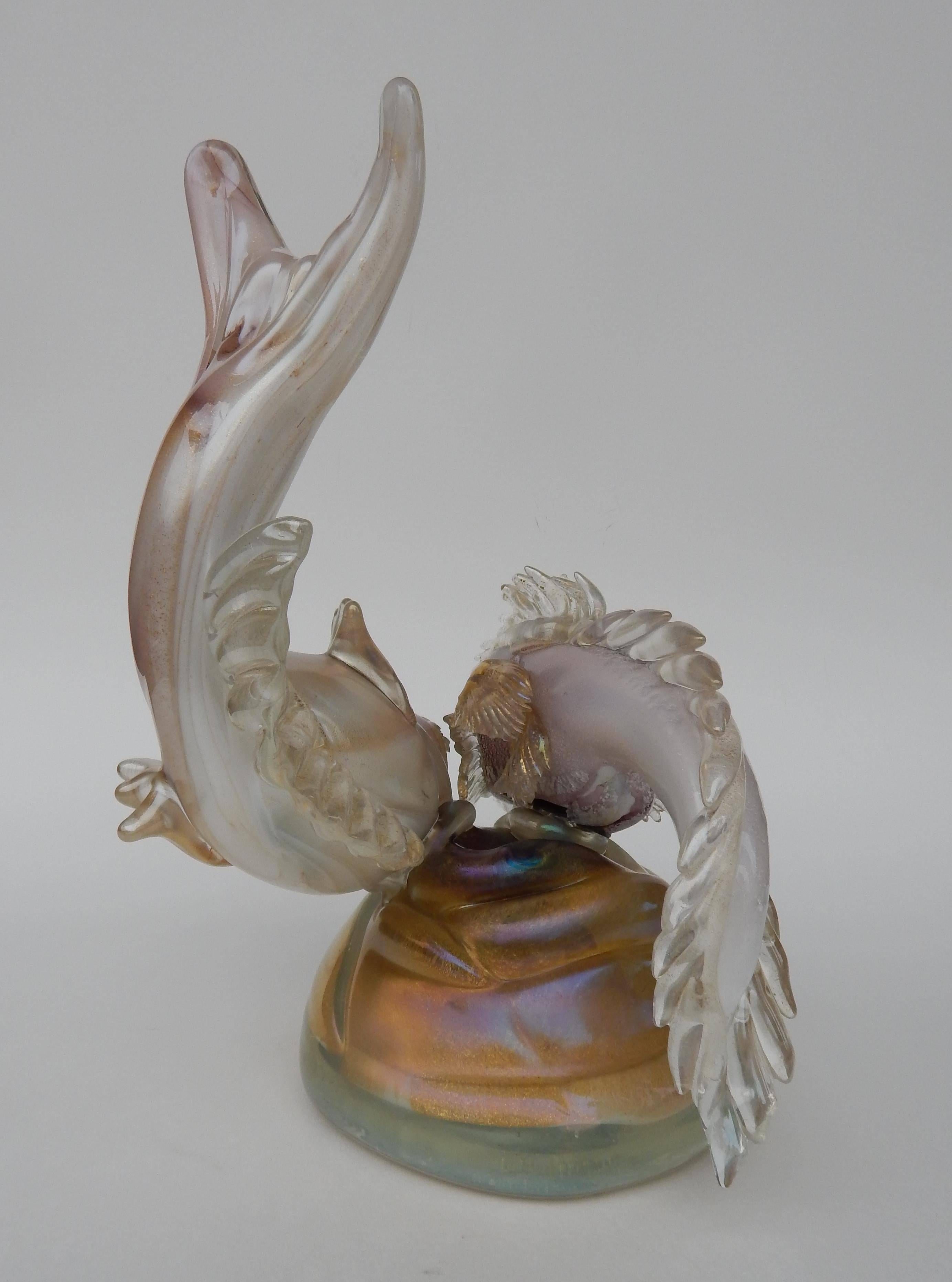 Vintage Italian Glass Escultura Doble Pez con Motas Doradas en venta 1