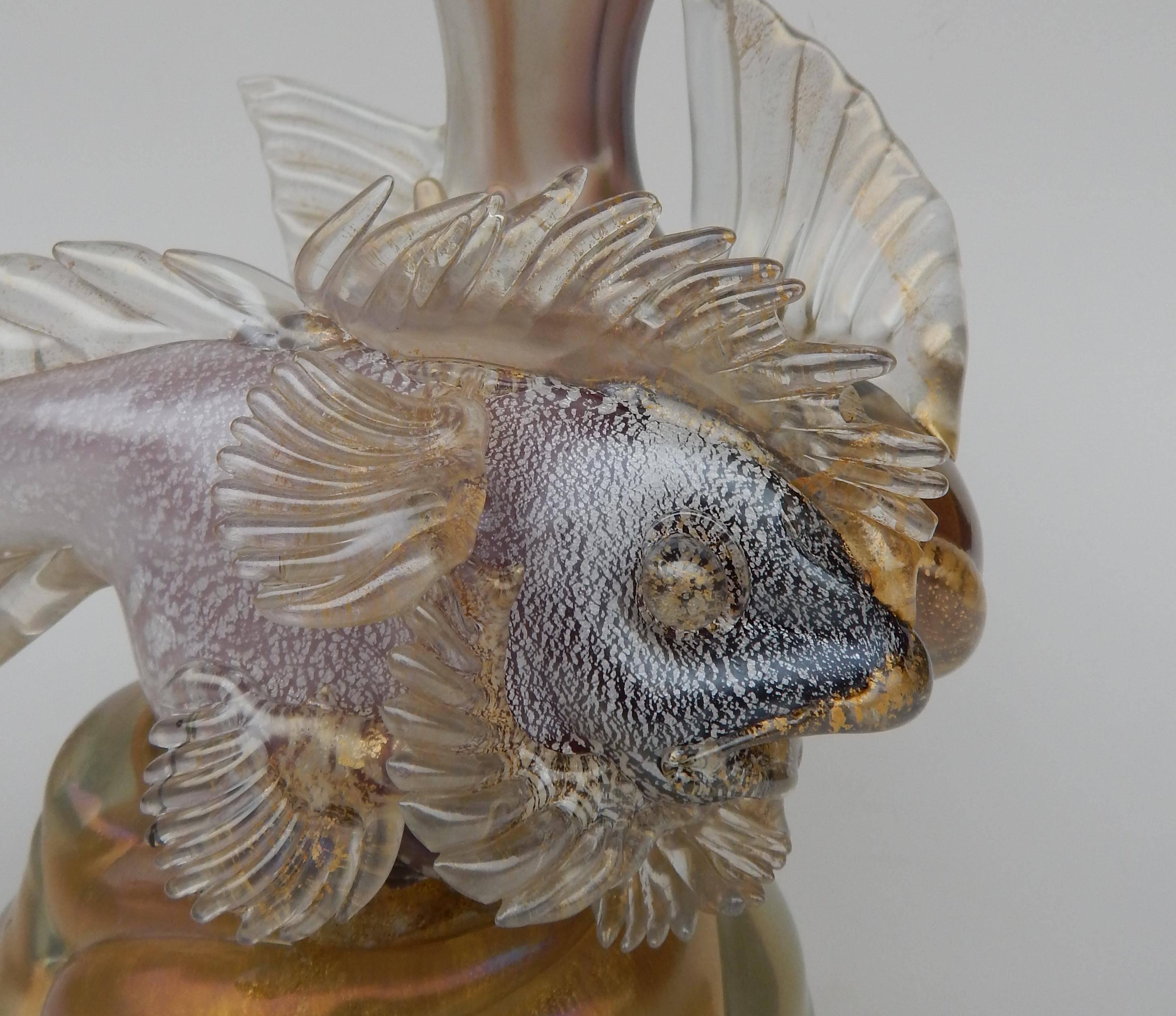 Vintage Italian Glass Escultura Doble Pez con Motas Doradas en venta 2