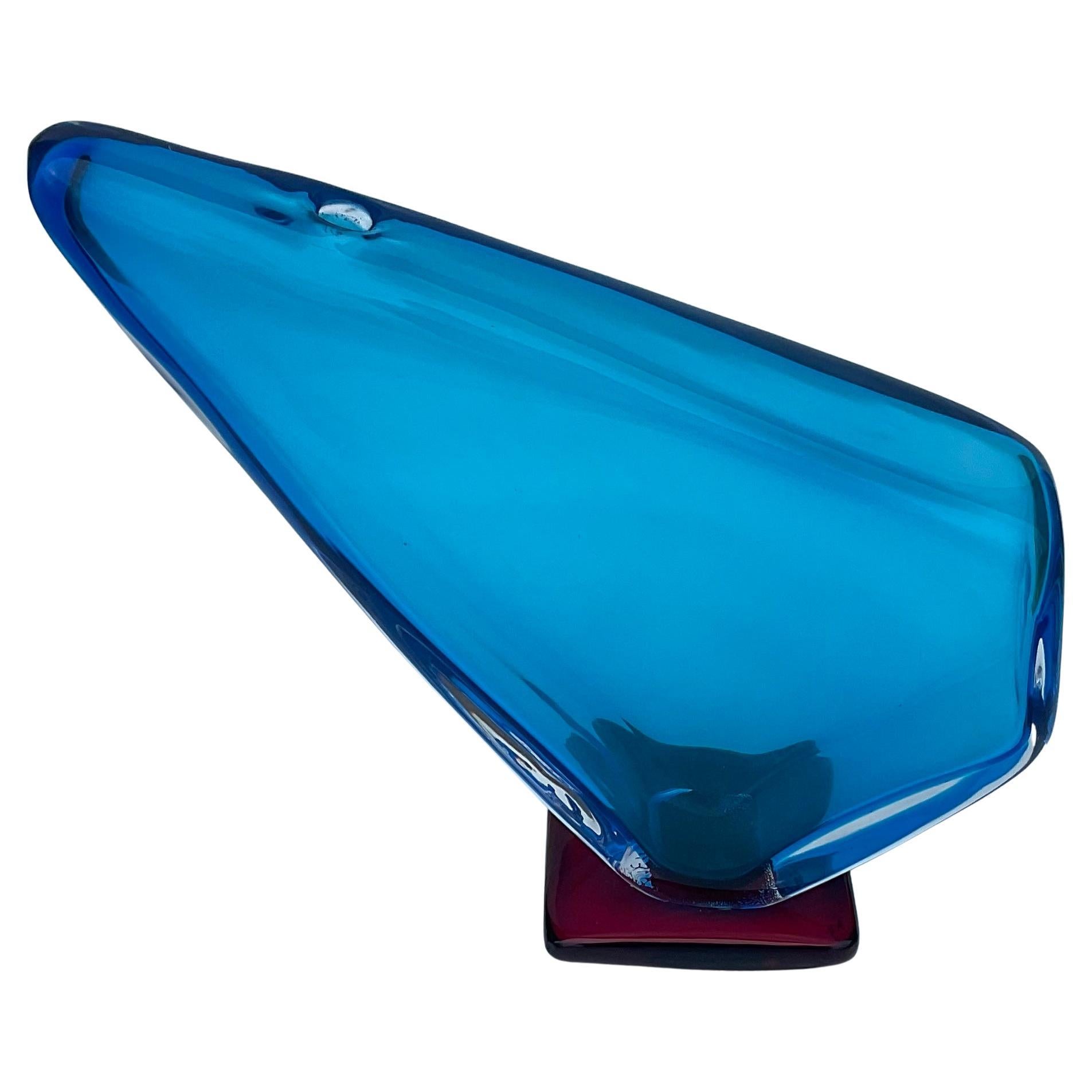 Alfredo Barbini Signed Triangular Blue Murano Glass Vase with Irridized Surface For Sale