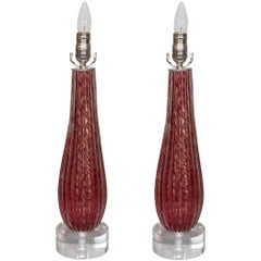 Alfredo Barbini Style Red Murano Glass Lamp with Gold Leaf Inclusions 1950s