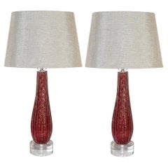 Alfredo Barbini Style Red Murano Glass Lamp with Gold Leaf Inclusions 1950s