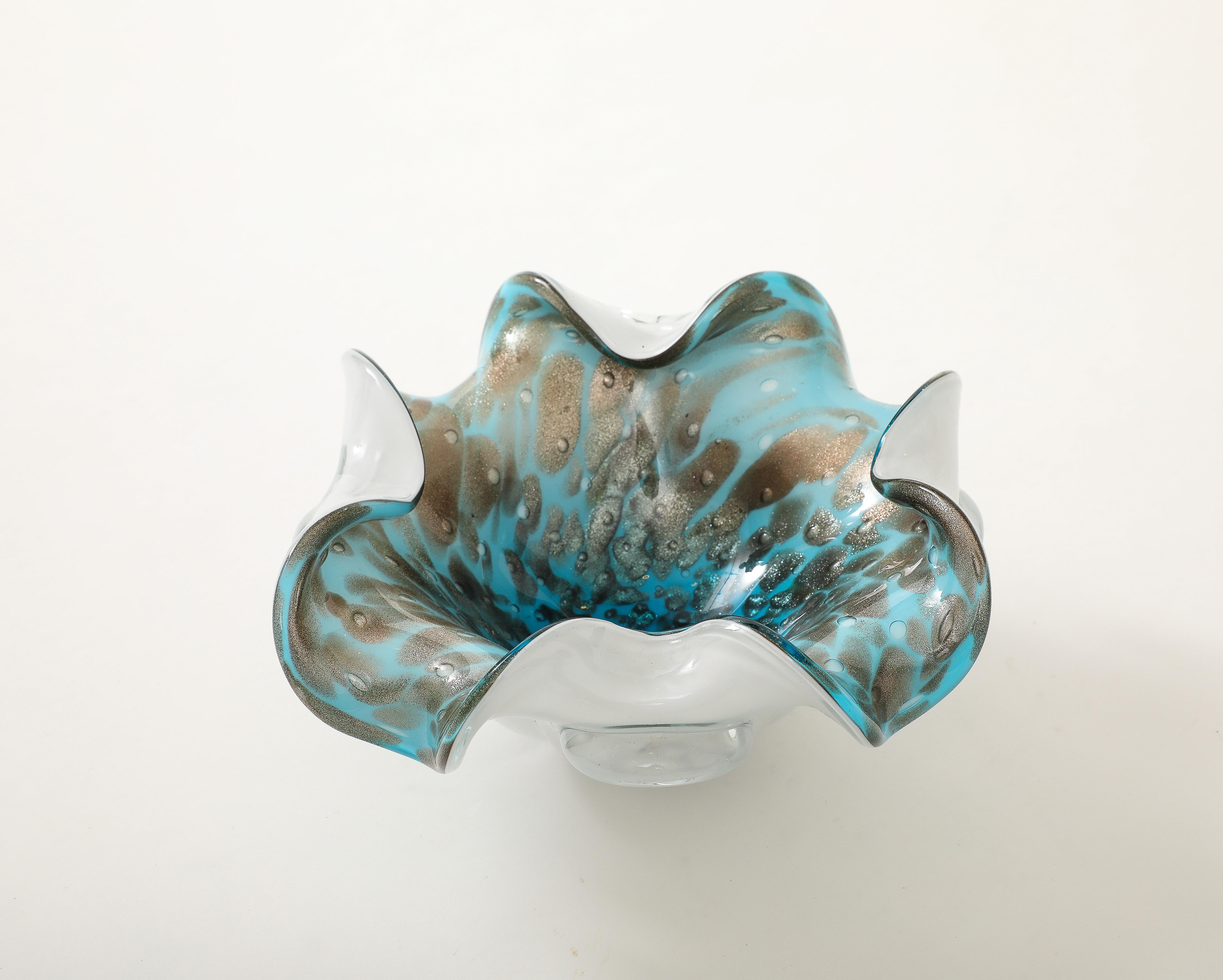 Mid-Century moderno Piatto in vetro di Murano di Alfredo Barbini, turchese e rame in vendita