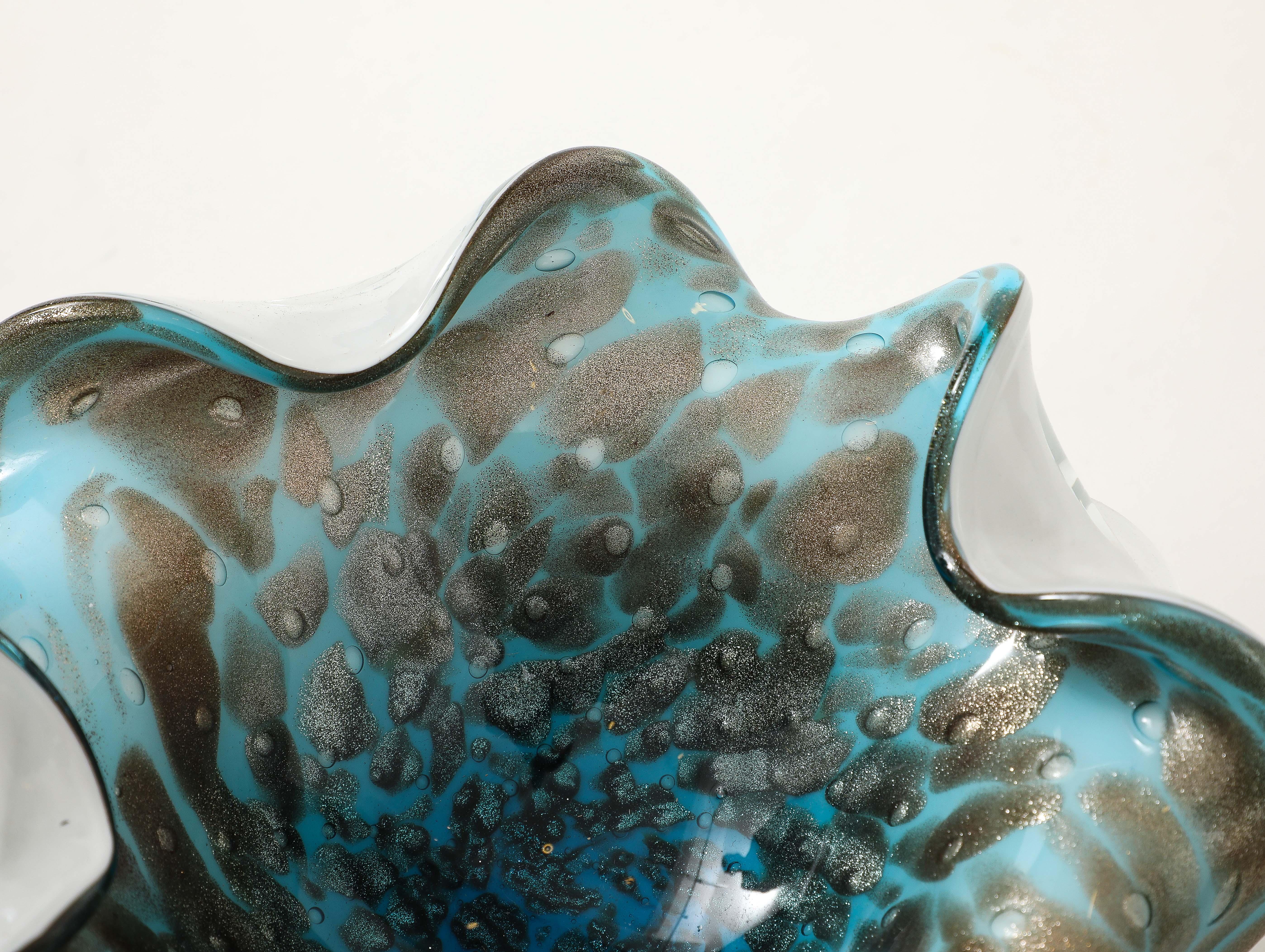 Piatto in vetro di Murano di Alfredo Barbini, turchese e rame in vendita 1