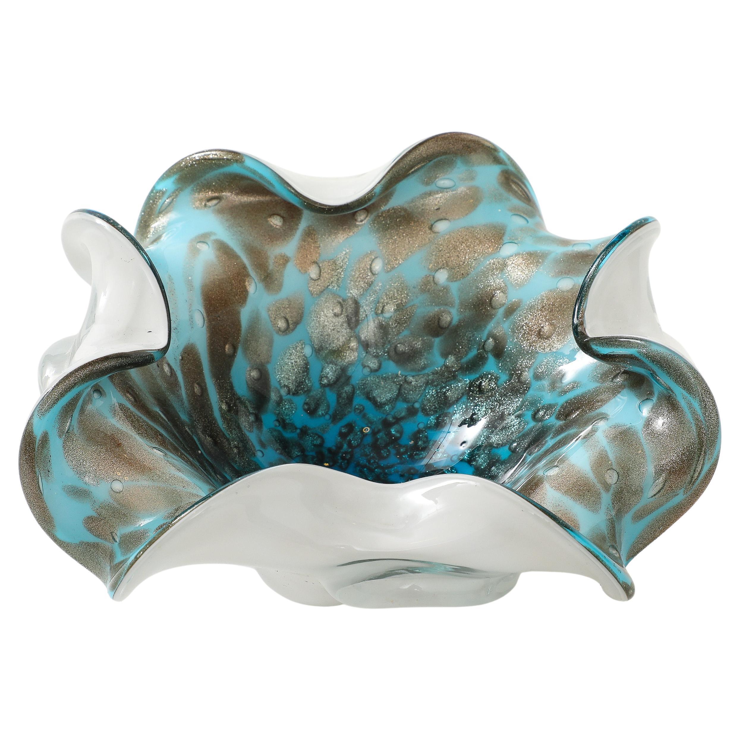Alfredo Barbini Plato de cristal de Murano turquesa y con motas de cobre