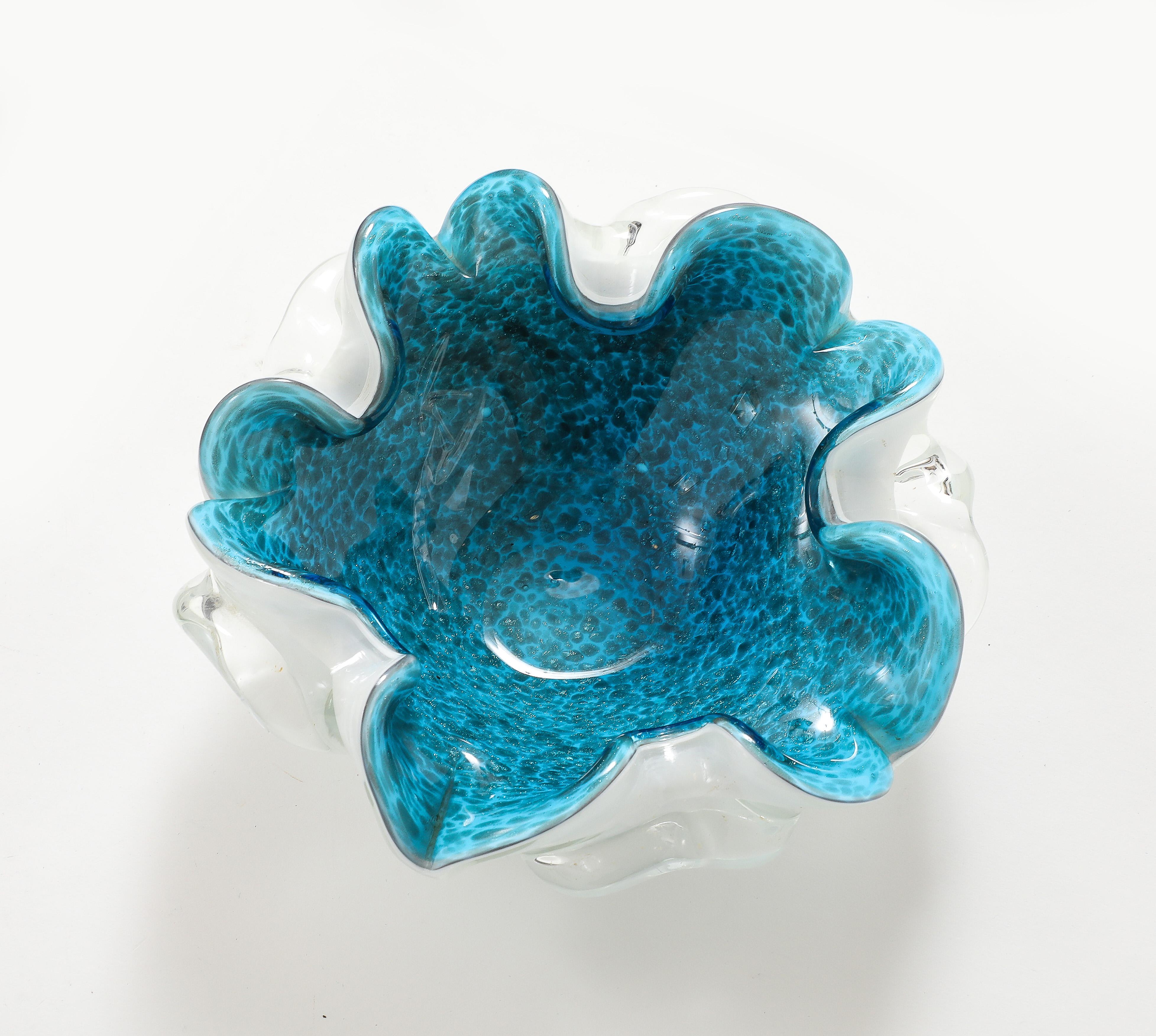 Murano Glass Alfredo Barbini Turquoise Lettuce Edge Vide Poche For Sale