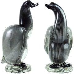 Alfredo Barbini Vamsa Murano Black Sfumato Italian Art Glass Bird Sculptures