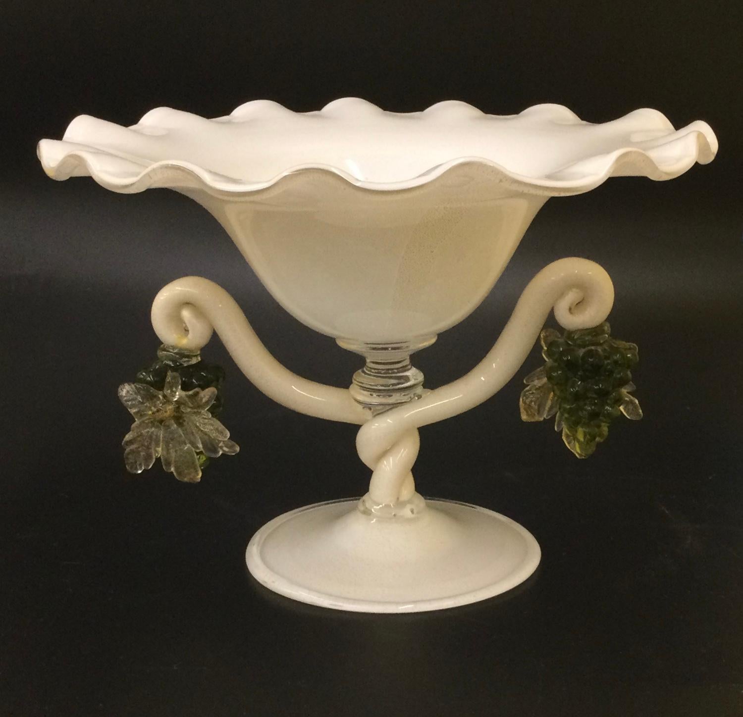 Alfredo Barbini Murano 3 piece Venetian glass console set. Console bowl is 7 3/4 inches tall by 11 1/2 inches wide. Candles are 11.5 inches tall by 5 inches wide. Amazing grape decorations on all pieces enhance this set.