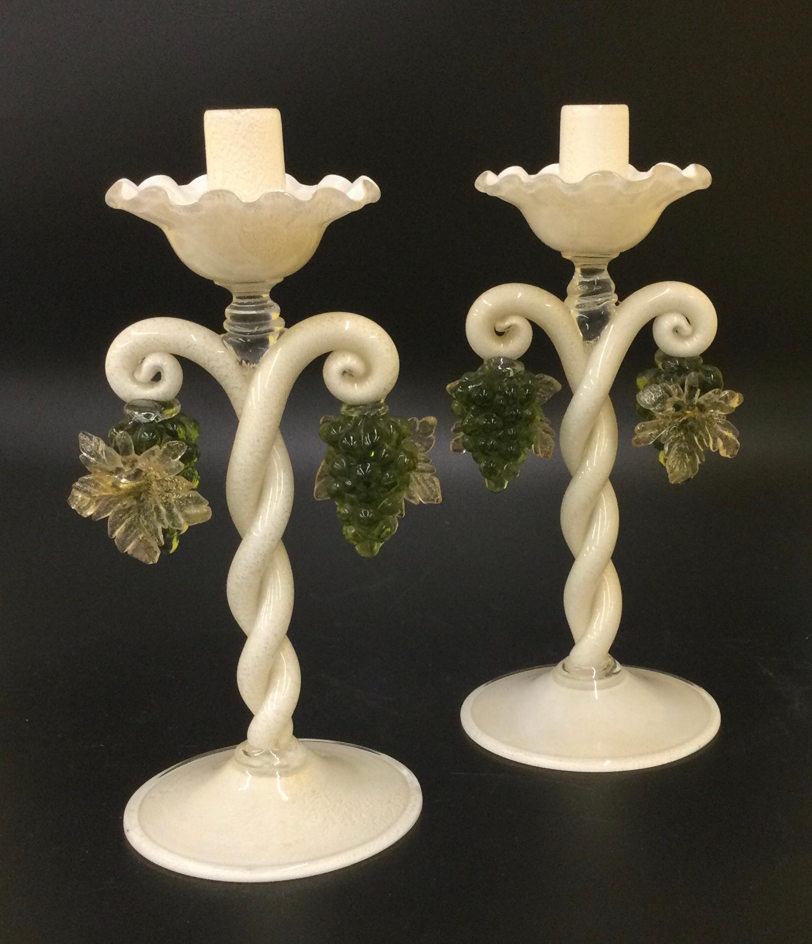 Italian Alfredo Barbini Venetian Murano Console Set Center Piece Candle Holders Grapes For Sale