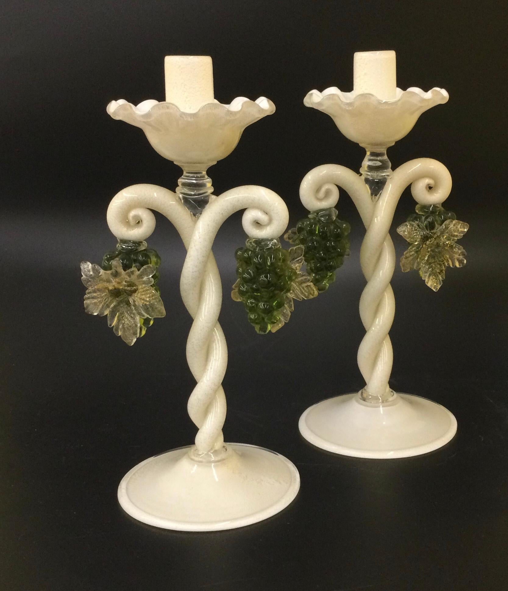 Mid-20th Century Alfredo Barbini Venetian Murano Console Set Center Piece Candle Holders Grapes For Sale