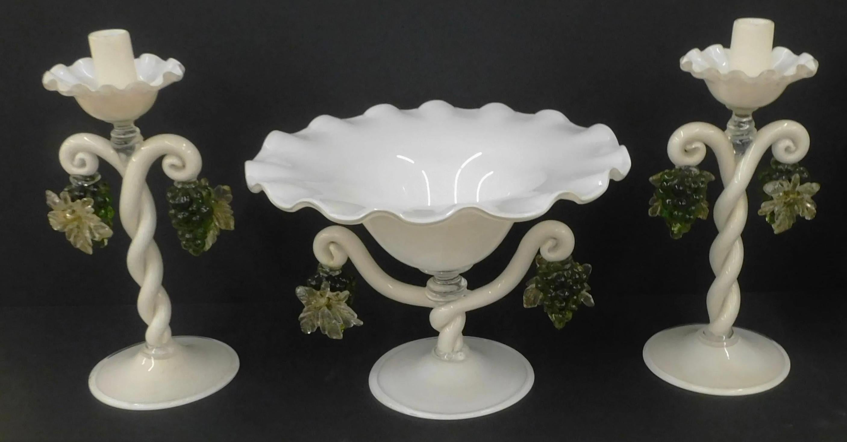 Blown Glass Alfredo Barbini Venetian Murano Console Set Center Piece Candle Holders Grapes For Sale