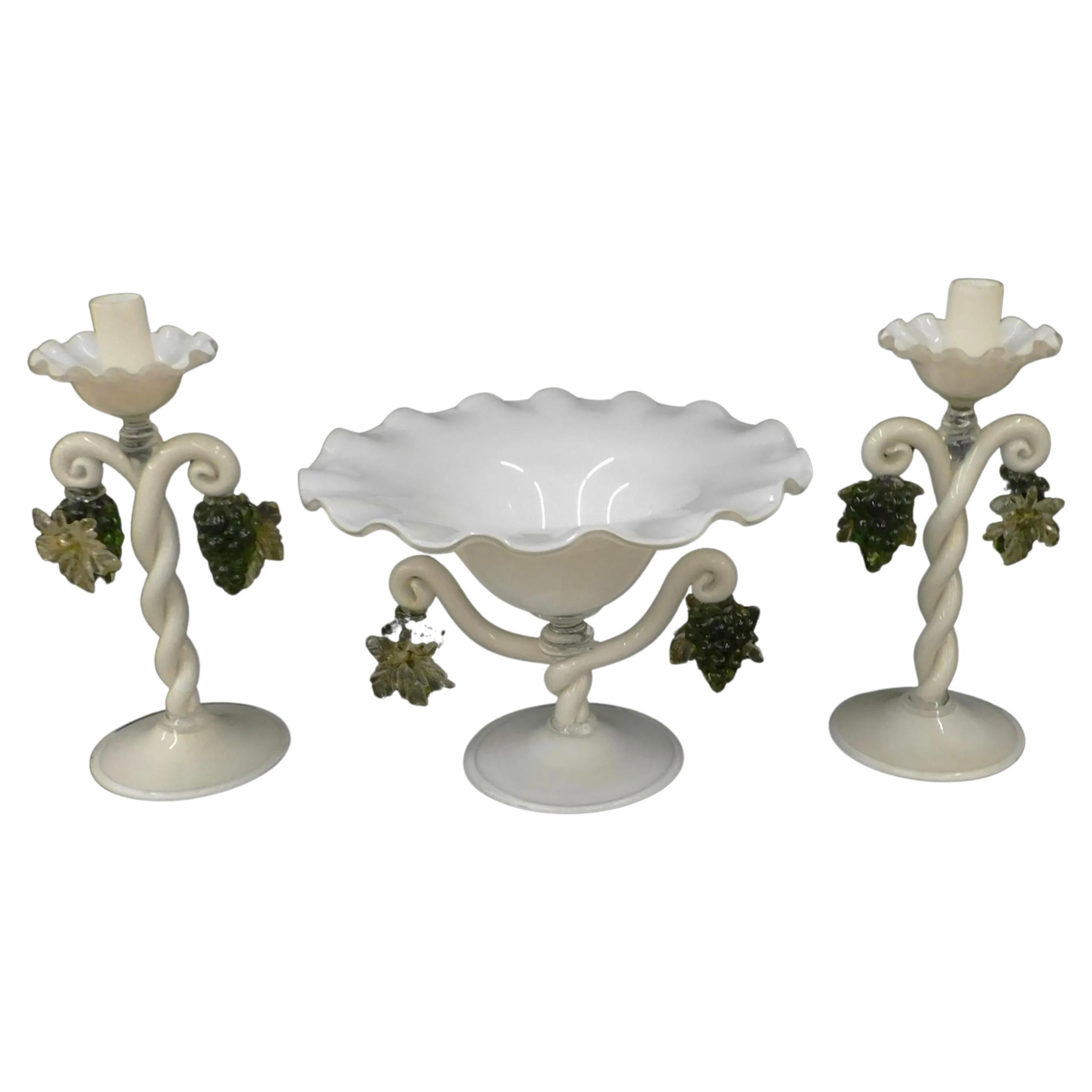 Alfredo Barbini Venetian Murano Console Set Center Piece Candle Holders Grapes For Sale