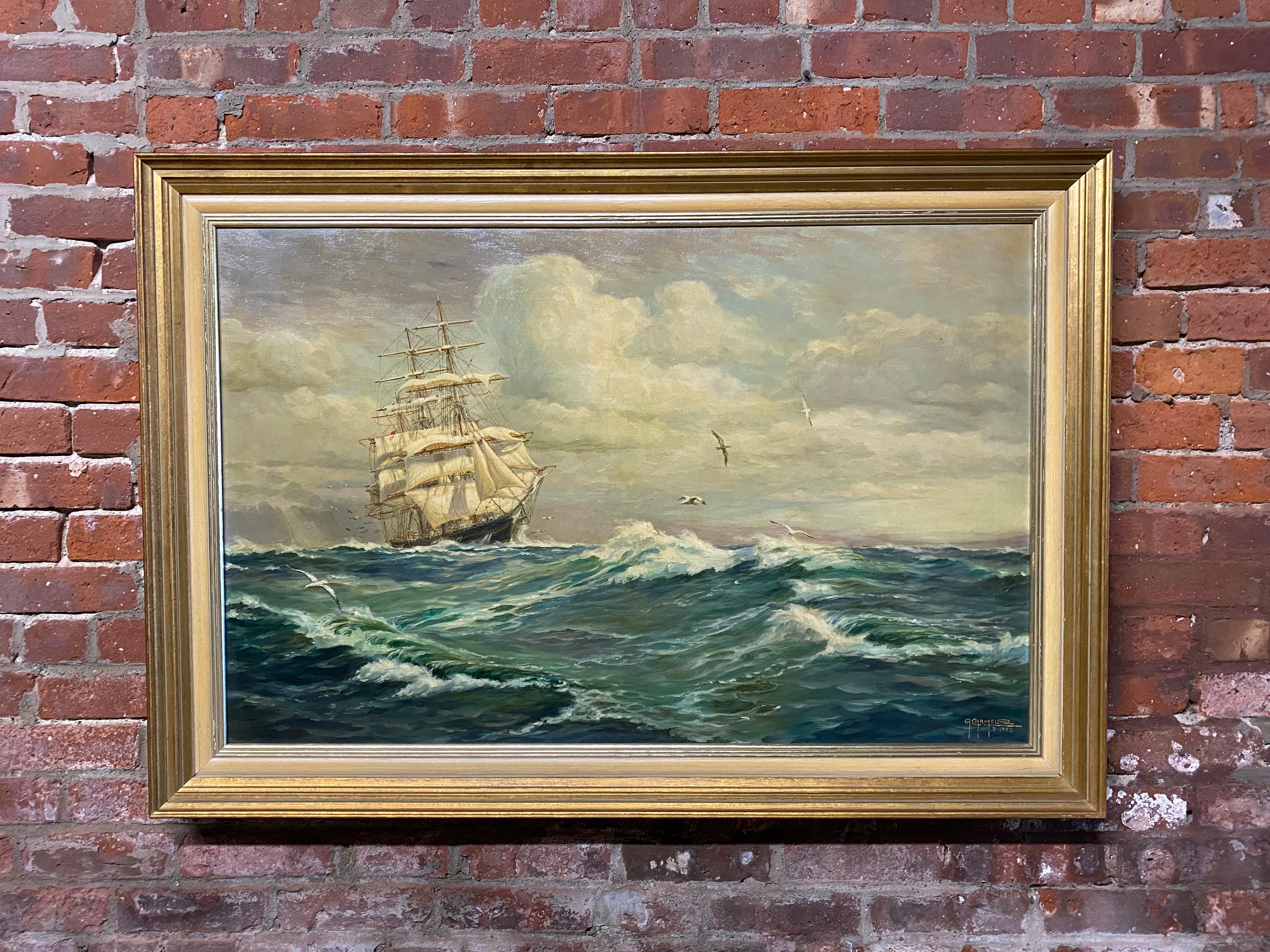 Alfredo Carmelo (1896-1985) was a Filipino artist known predominantly for marine, nautical and seascape genre. Dramatic rough wind driven seas. Oil paint on canvas. The framing treatment consists of a simple gilded wood molding. Signed and dated