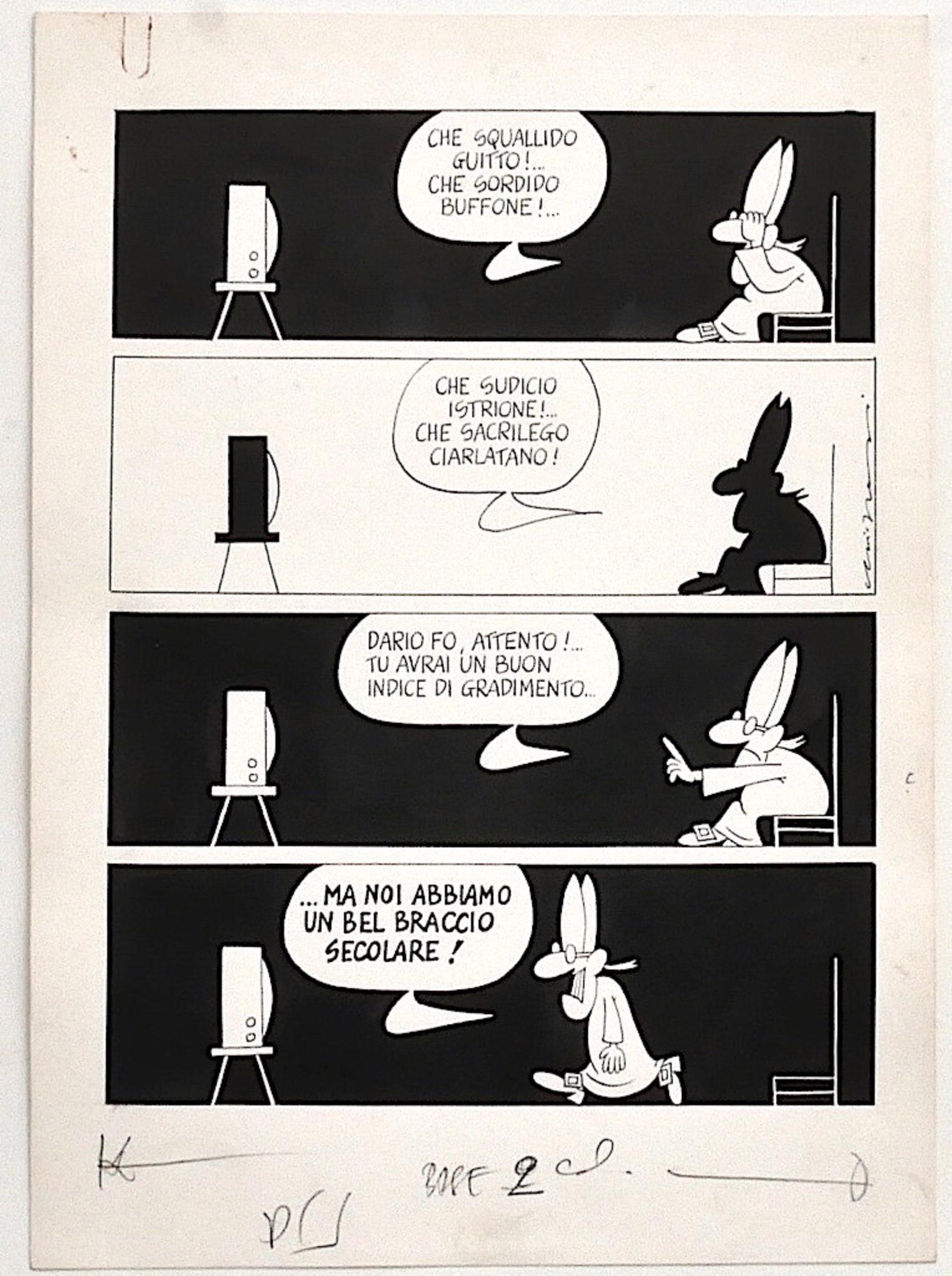 Political Comics è un disegno originale in inchiostro di China, realizzato nel 1977 dal fumettista italiano Alfredo Chiappori. 

Buone condizioni

Firmato a mano in basso a destra, con due timbri blu di "Archivio Paese Sera" sul retro.

Alfredo