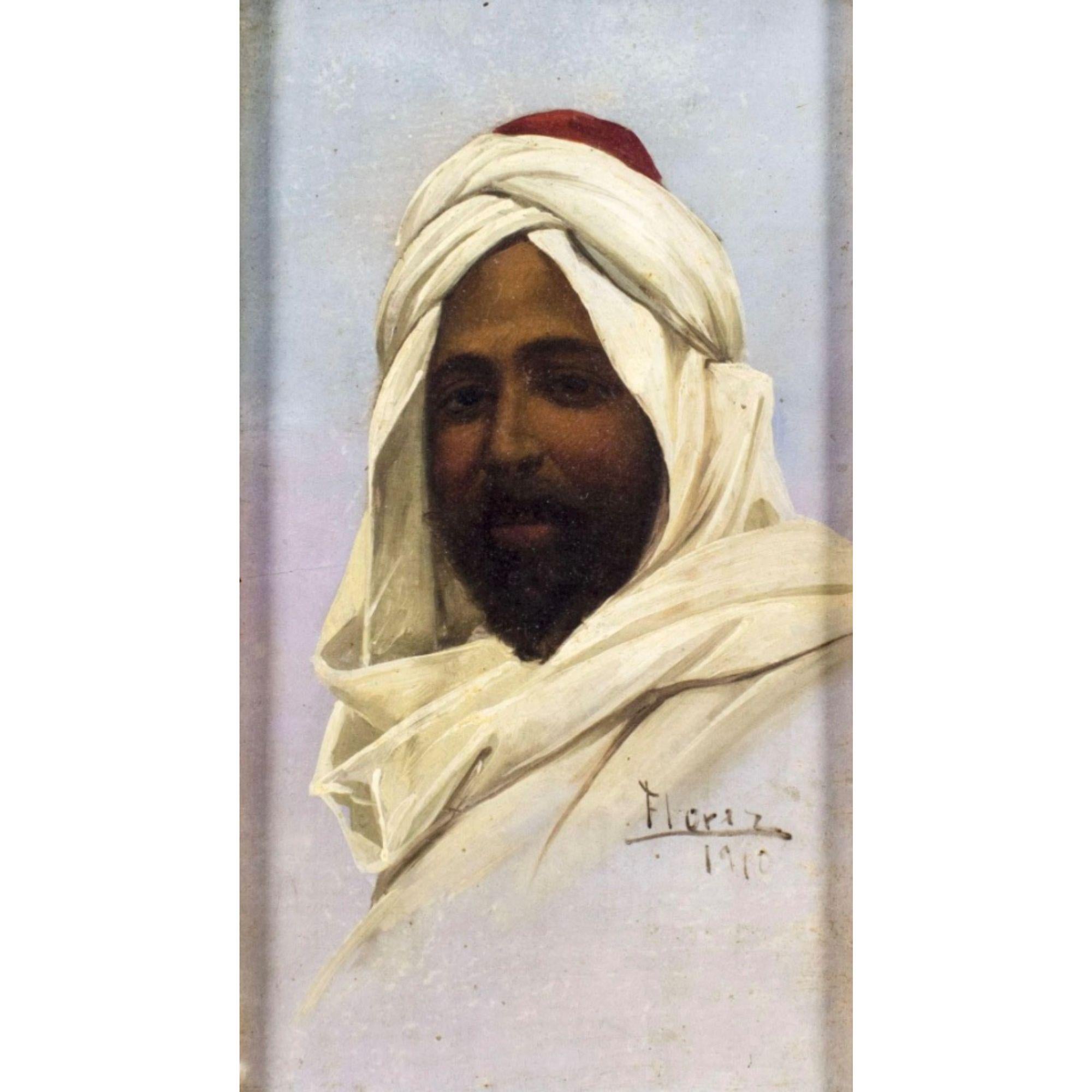 ARTIST: Alfredo Florez Gonzalez (Spanish, 19/20 century)
TITLE: Portrait of Middle Eastern Man
YEAR: 1910
MEDIUM: oil on board
CONDITION: Few minor paint losses. No visible inpaint under UV light. 
ART SIZE: 11 x 6 inches / 27 x 15 cm
FRAME