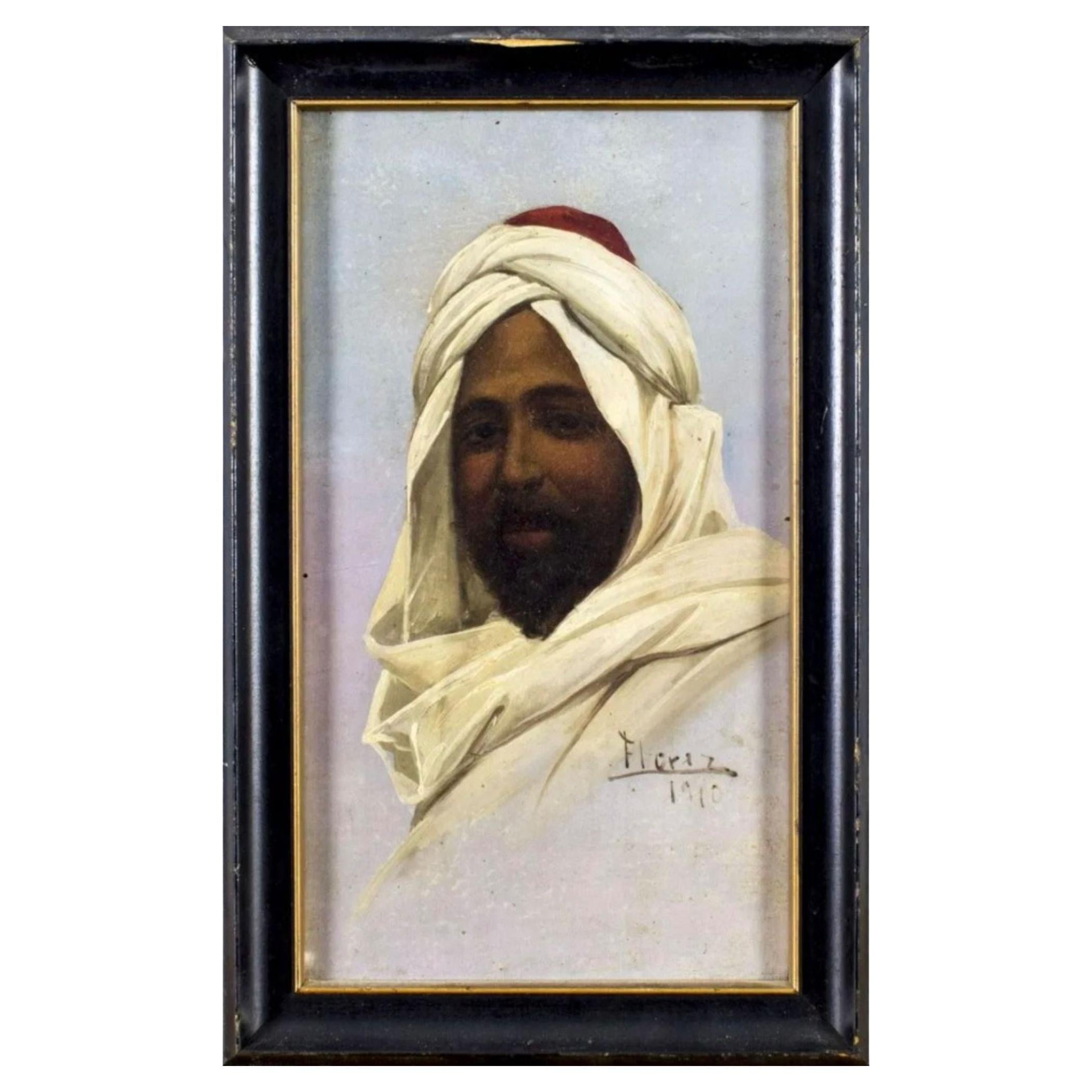 Peinture à l'huile ancienne « Portrait d'un homme du Moyen-Orient » d'Alfredo Florez Gonzalez