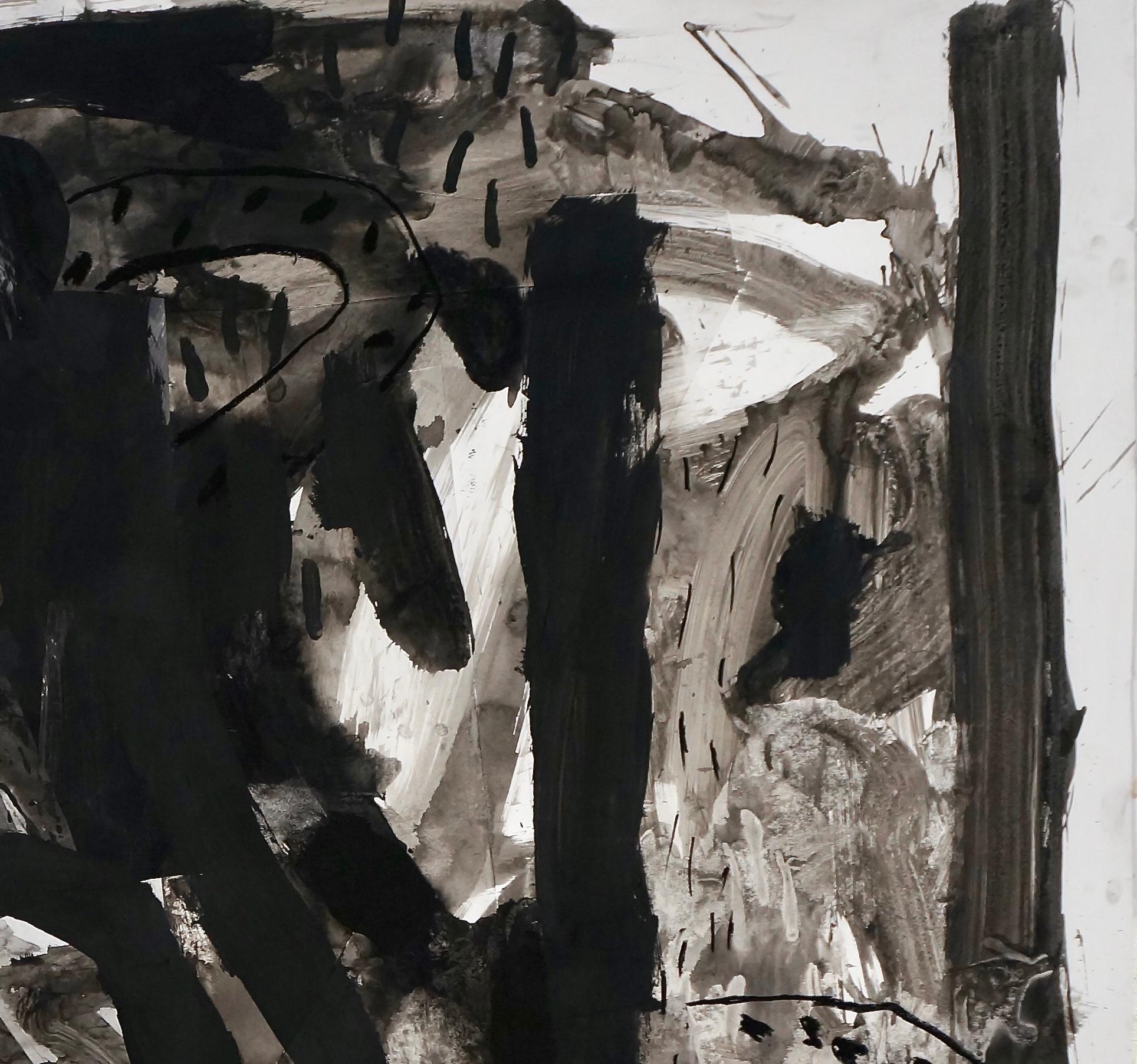 This sizable work on paper is an achromatic mixed media collage and painting. The lack of color serves to emphasize the abstract expressiveness of the mark-making, in addition to the tactility of the layers of material adhering to the