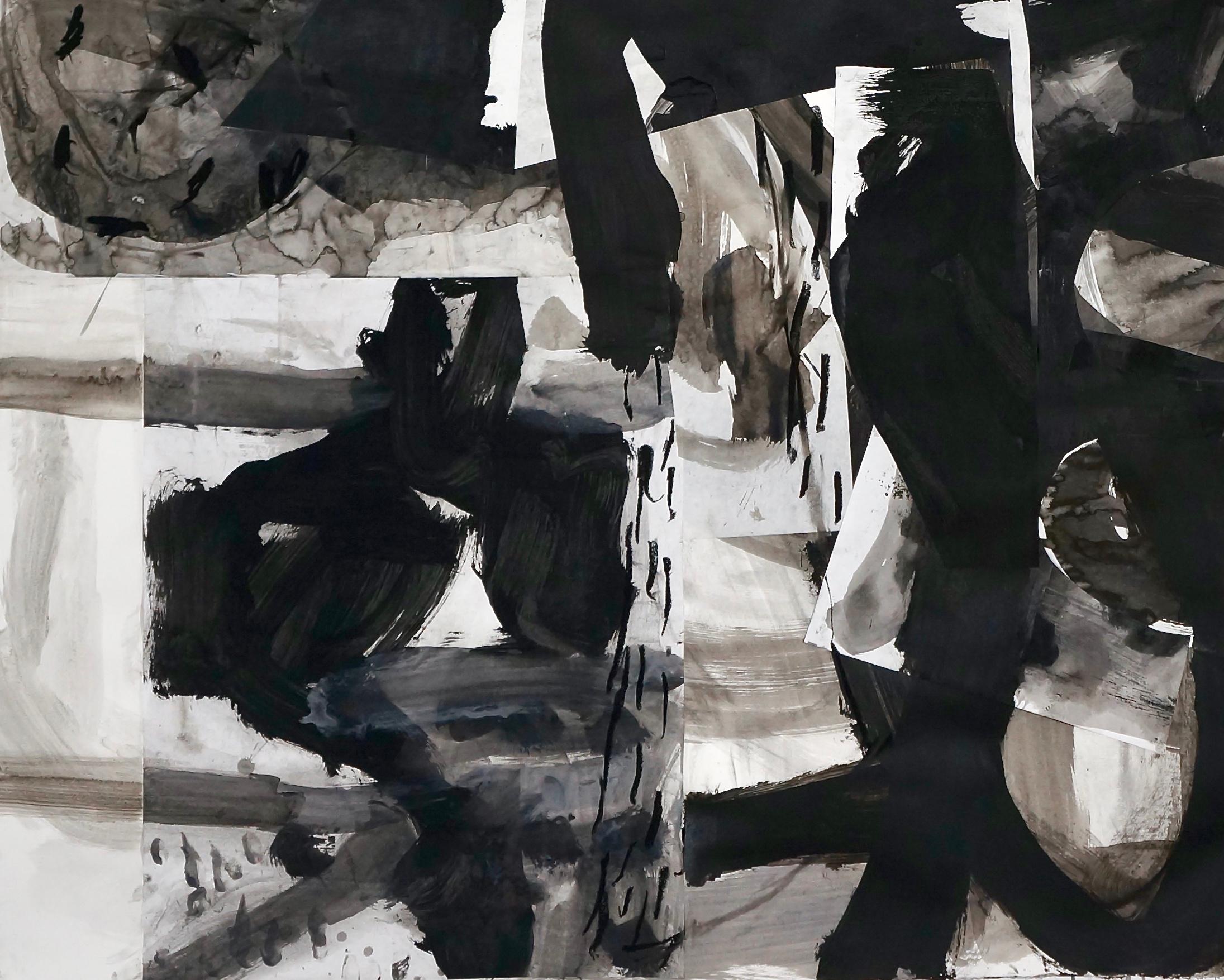 „Composition V“, Mixed Media auf Papier – Schwarz-Weiß-Collage-Gemälde (Abstrakt), Mixed Media Art, von Alfredo Gisholt
