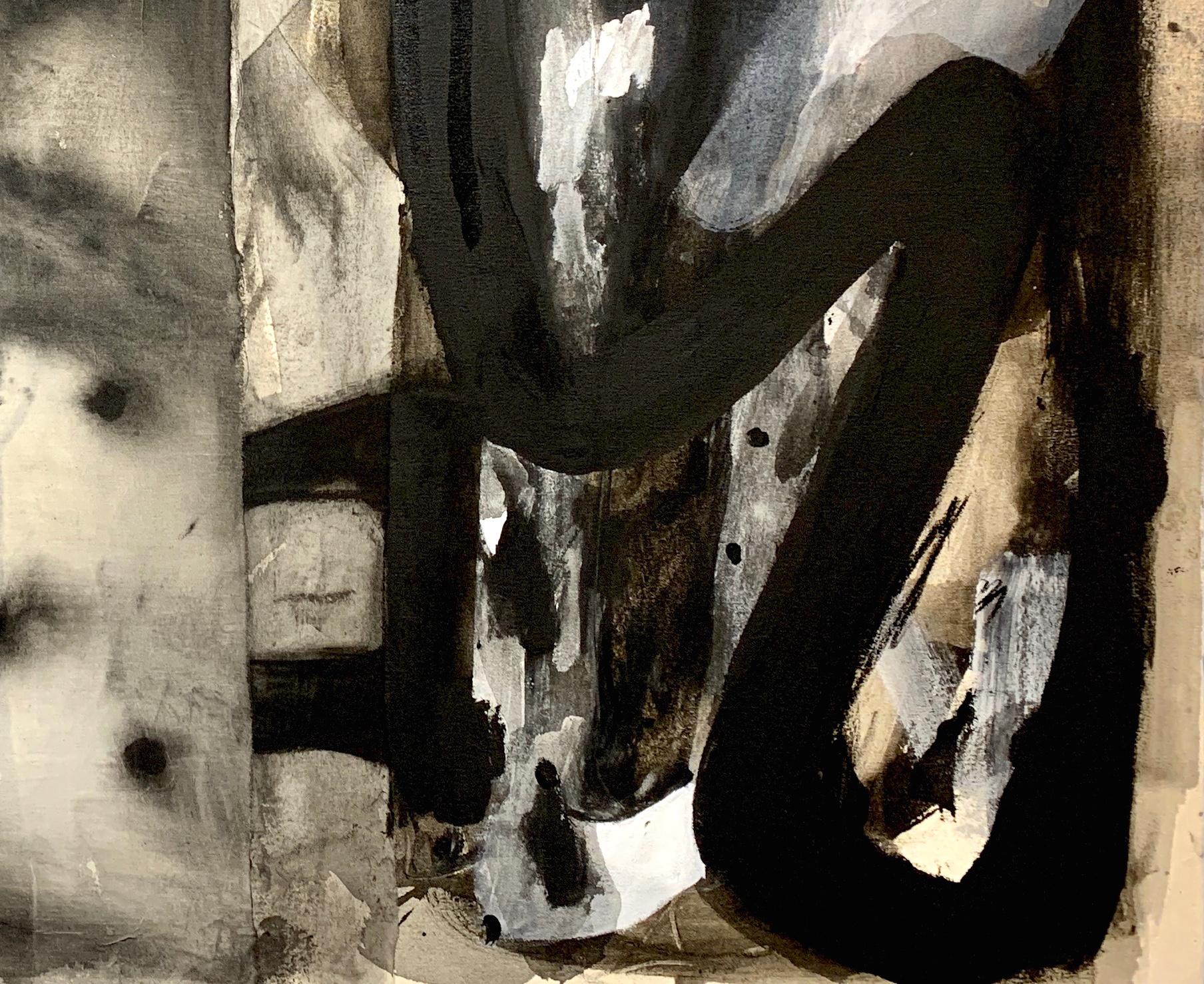 « Interior II », technique mixte sur toile - peinture en noir et blanc en vente 2