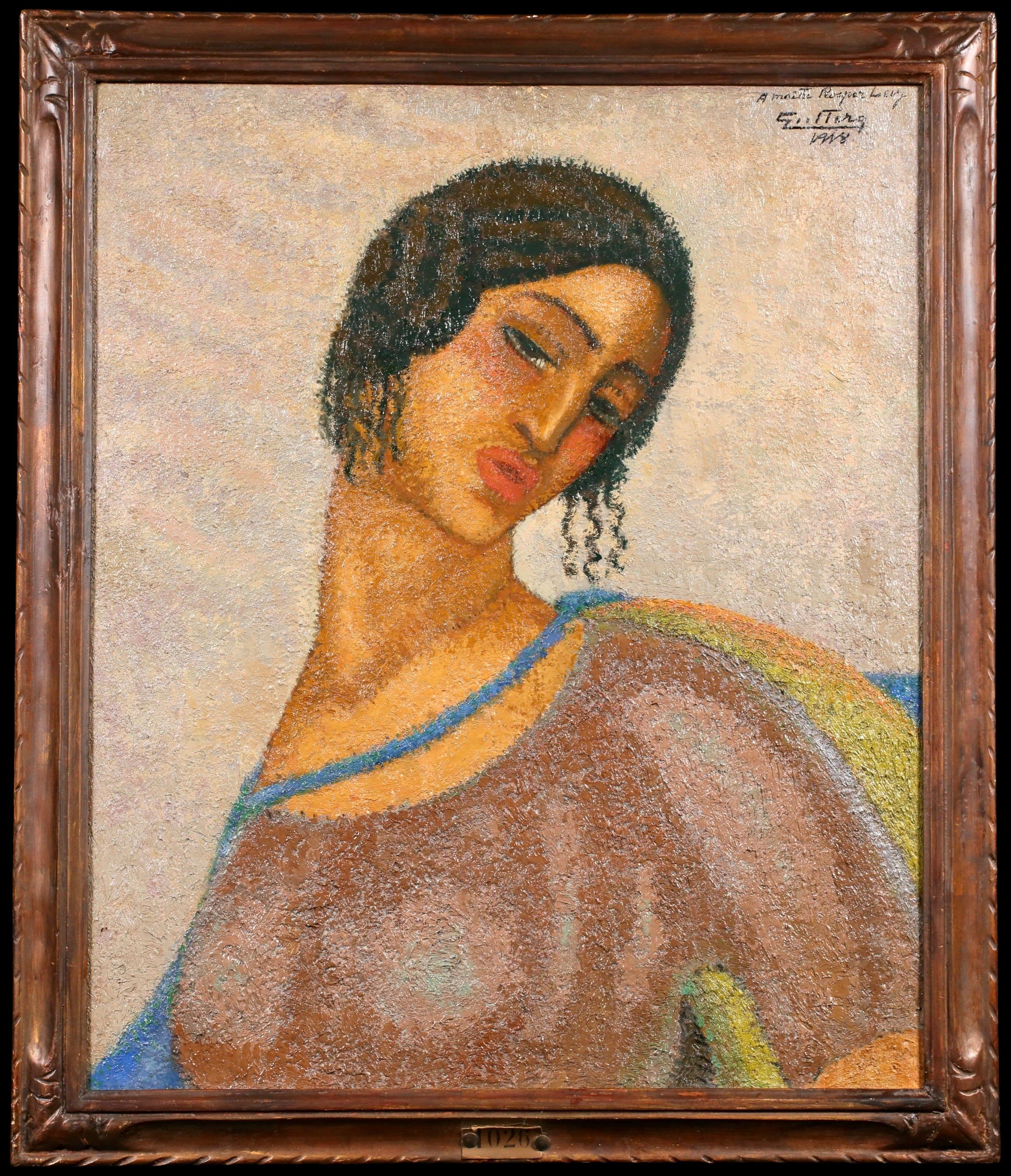 Signed oil on canvas portrait painting by Argentine modernist painter Alfredo Guttero. The work is a head and shoulders portrait of a woman with black hair and wearing a shawl.

Signature:
Signed, dated and dedicated upper right

Dimensions:
Framed: