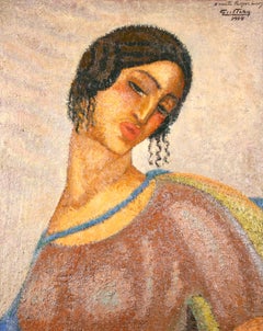 Antique Portrait of a Young Woman - Modernist Female Portrait Oil by Alfredo Guttero