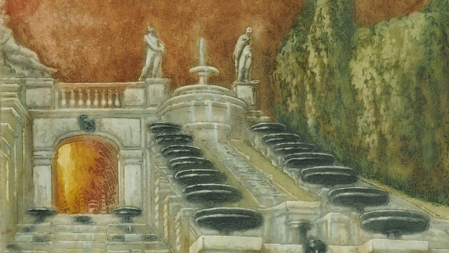 La Grande Cascade de Saint Cloud
Color aquatint on watermarked Arches J Perrigot paper, 1905
Signed by the artist in pencil lower right.  (see photo)
Edition: 100. Numbered 