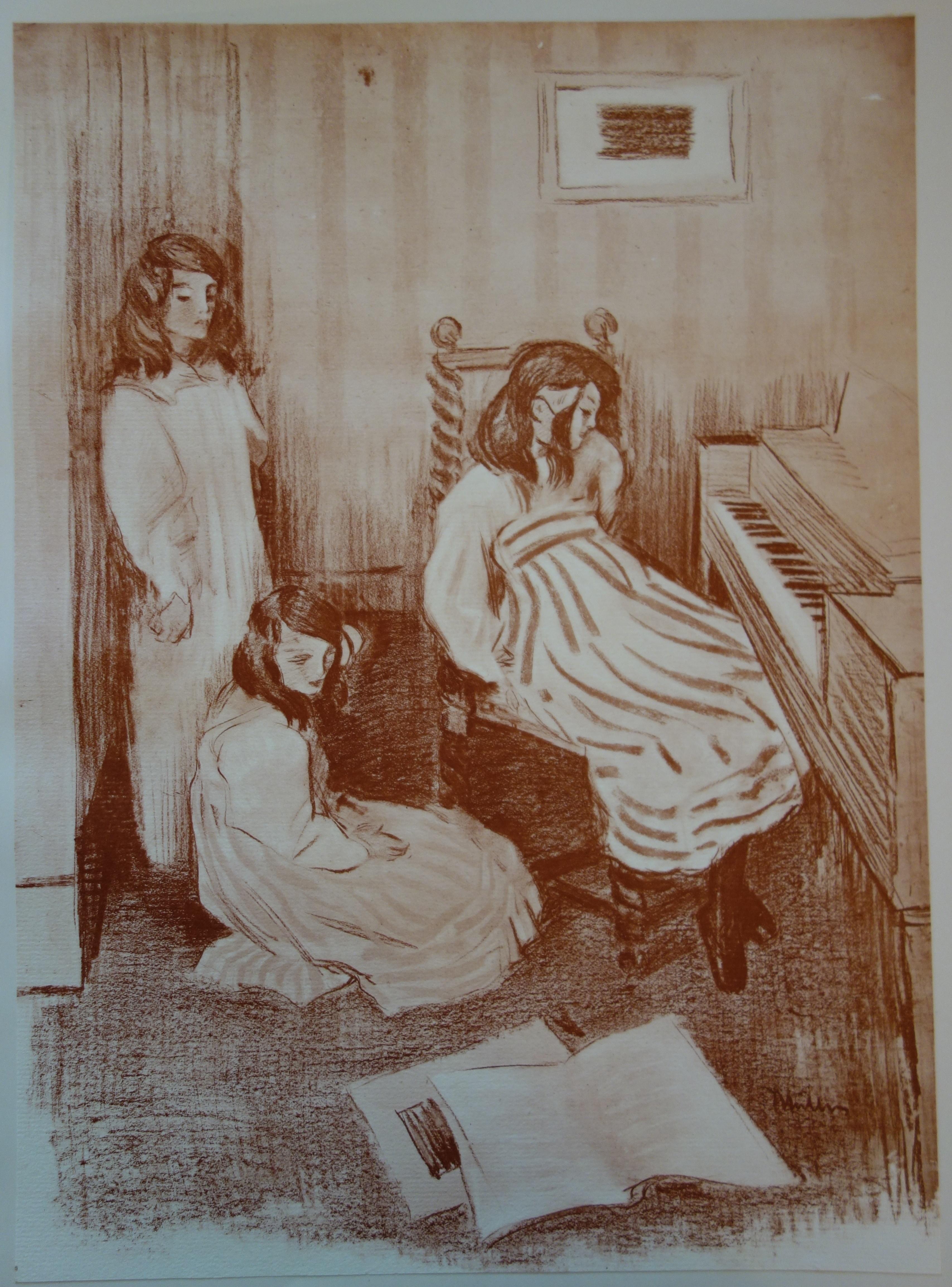 Piano Lesson : The Three Sisters - Original Lithograph - Print by Alfredo Müller