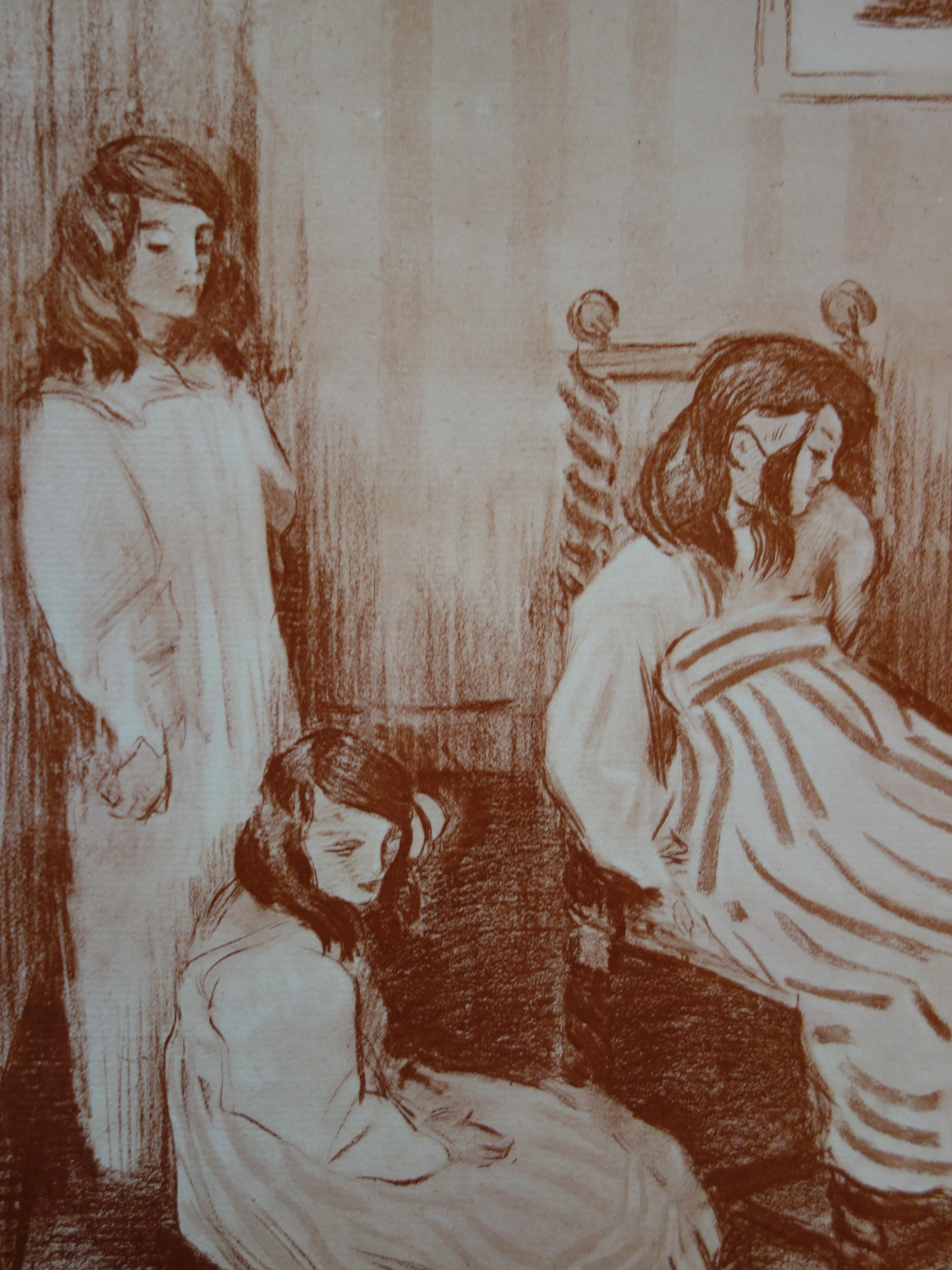 Piano Lesson : The Three Sisters - Original Lithograph - Gray Figurative Print by Alfredo Müller