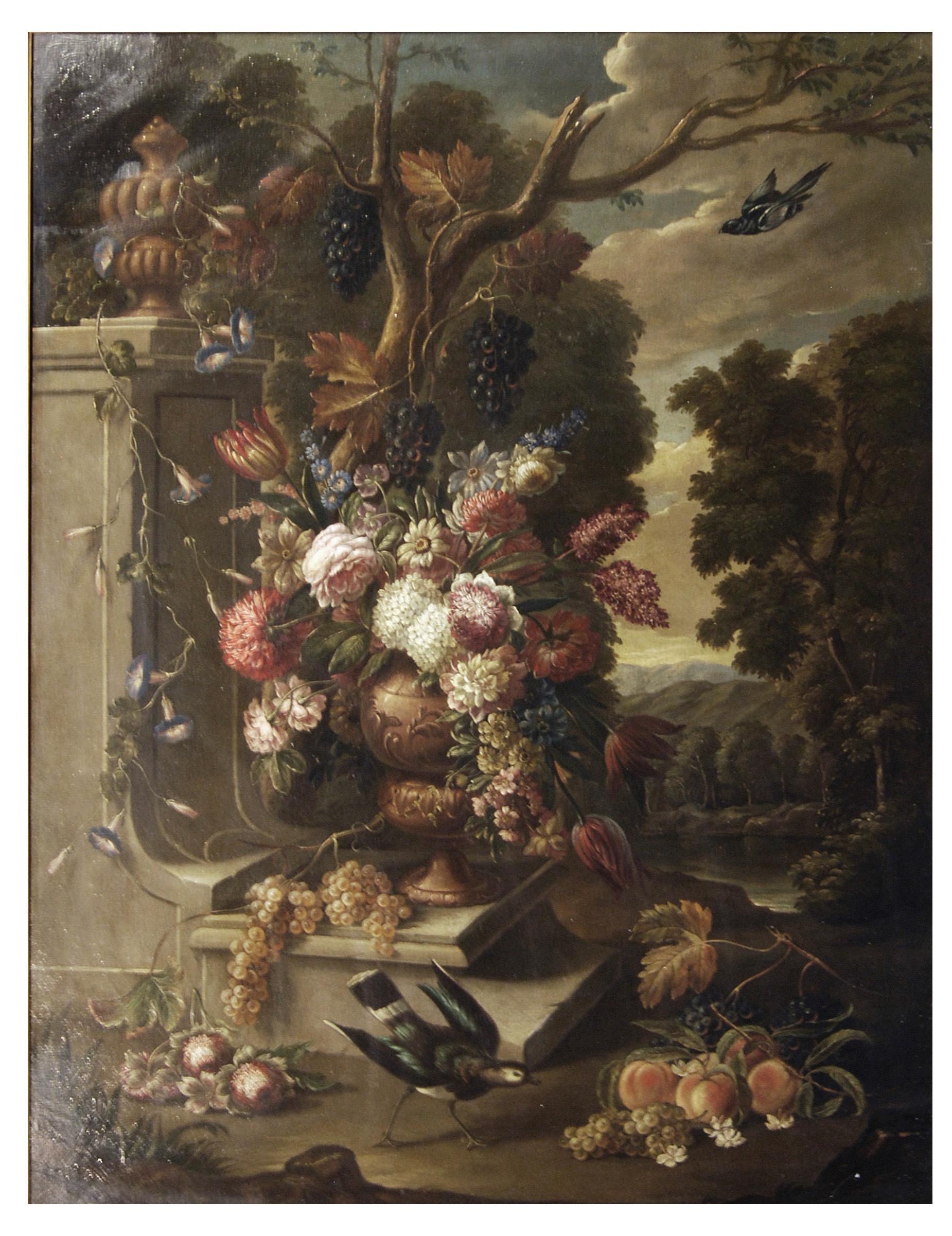 STILL LIFE WITH FLOWER FRUIT AND BIRDS – Öl auf Leinwand  Italien Alfredo Mayeux – Painting von Alfredo Mahieux