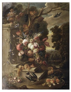 STILL LIFE WITH FLOWER FRUIT AND BIRDS - Oil on canvas  Italy Alfredo Mayeux