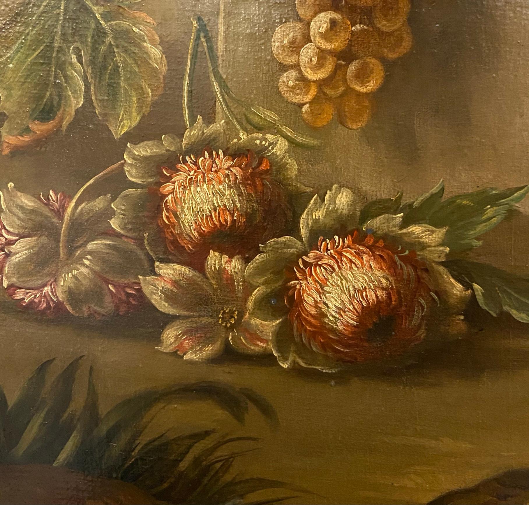 STILL LIFE WITH FLOWER FRUIT AND BIRDS - Oil on canvas  Italy Alfredo Mayeux - Old Masters Painting by Alfredo Mahieux