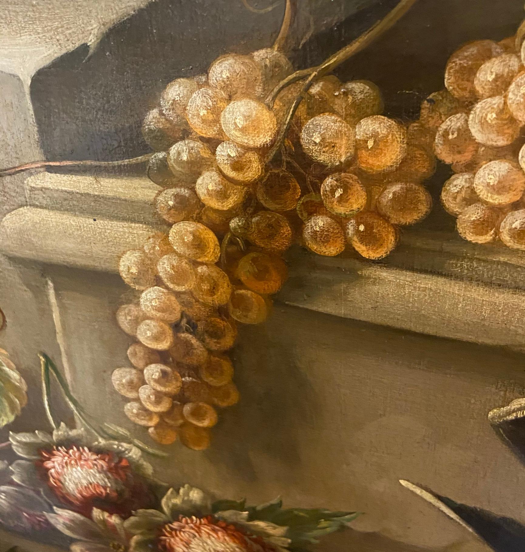 STILL LIFE WITH FLOWER FRUIT AND BIRDS – Öl auf Leinwand  Italien Alfredo Mayeux im Angebot 1