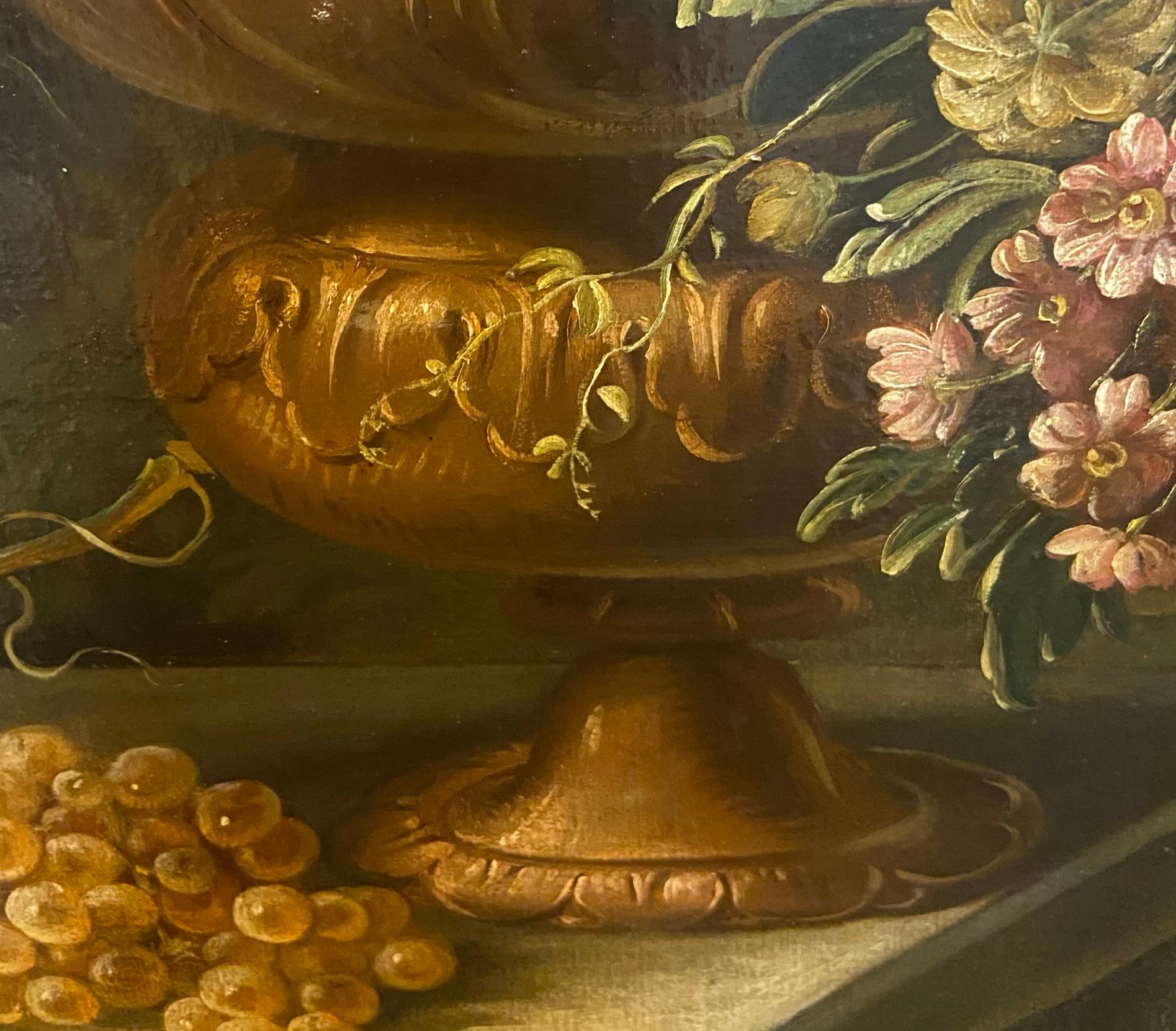 STILL LIFE WITH FLOWER FRUIT AND BIRDS - Oil on canvas  Italy Alfredo Mayeux For Sale 2