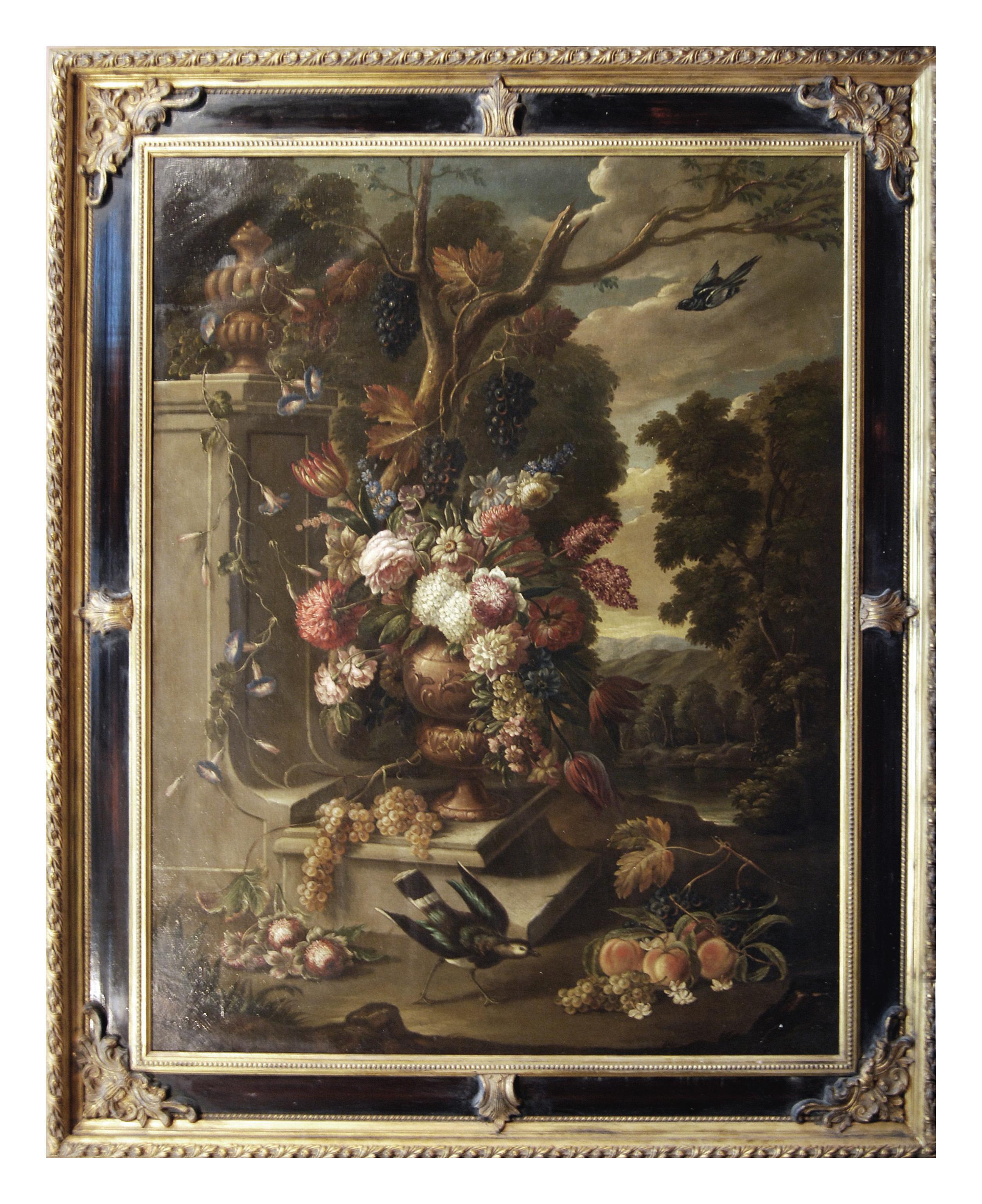 Alfredo Mahieux Still-Life Painting – STILL LIFE WITH FLOWER FRUIT AND BIRDS – Öl auf Leinwand  Italien Alfredo Mayeux