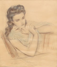 Dibujo a carbón y lápices de color - Joven pensativa