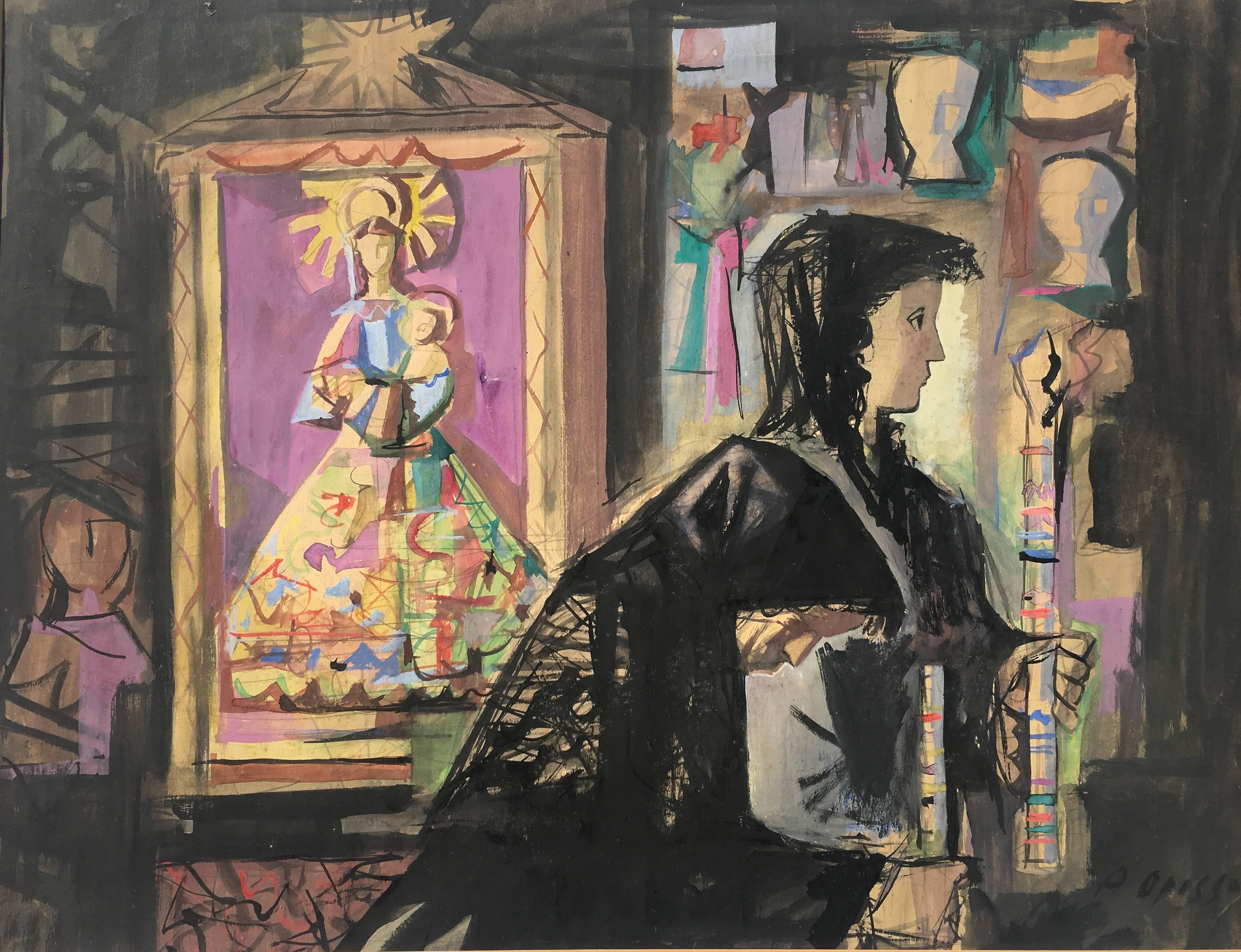 Alfredo Opisso Interior Painting - OPISSO  PROCESSION.VIRGIN original gouache painting