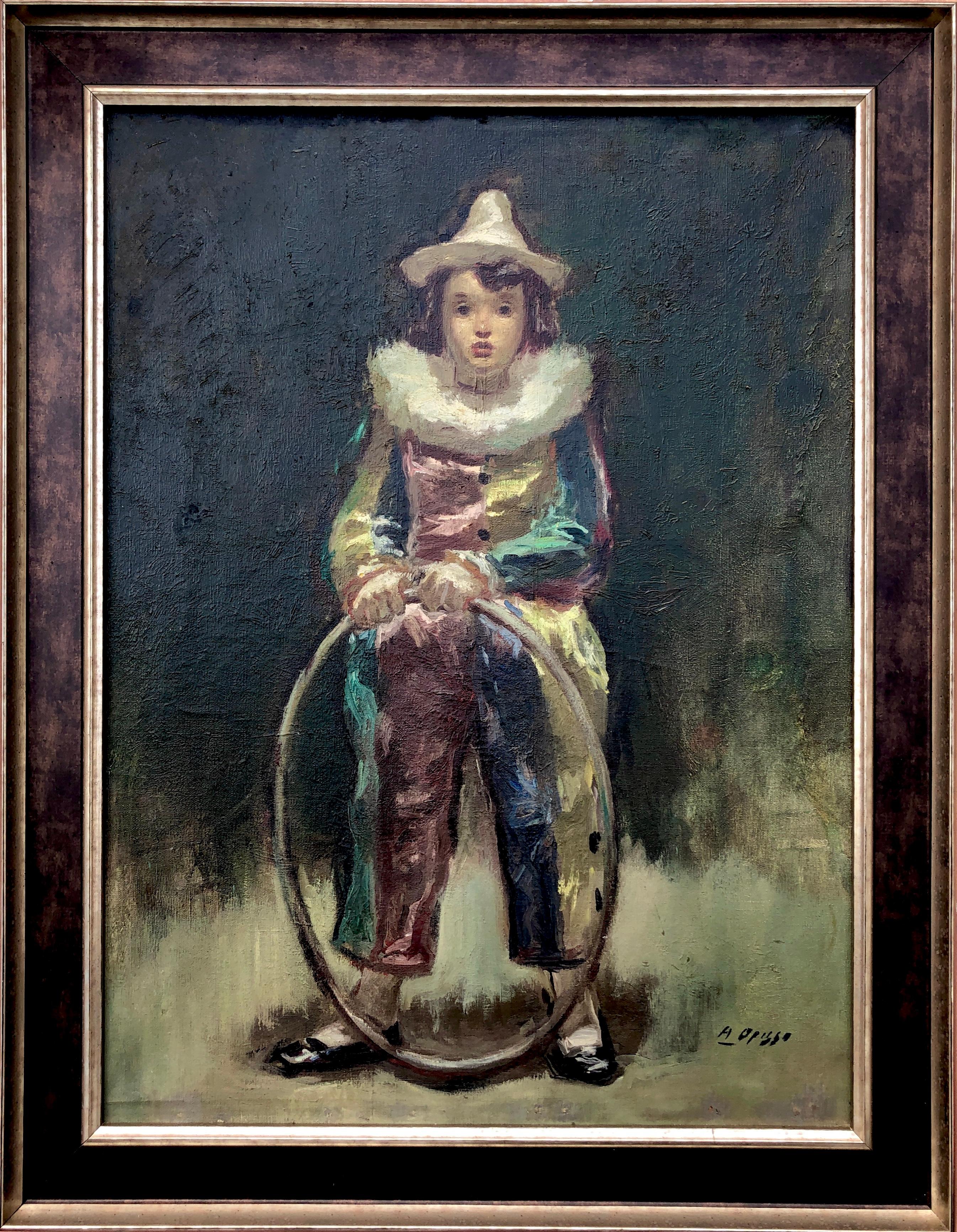 Pierrot con cerchio olio su tela - Painting di Alfredo Opisso