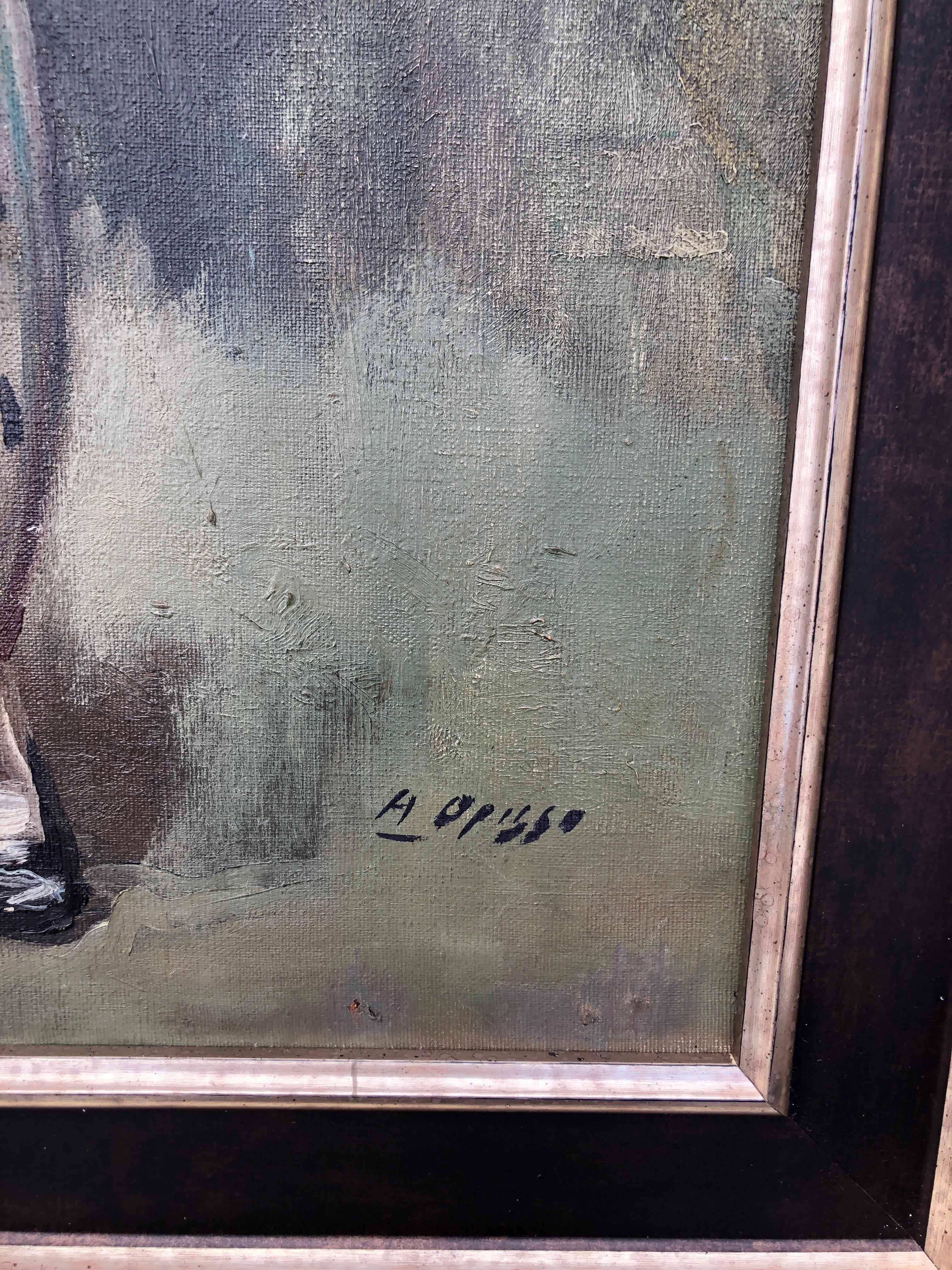 Pierrot con cerchio olio su tela - Painting Espressionista di Alfredo Opisso