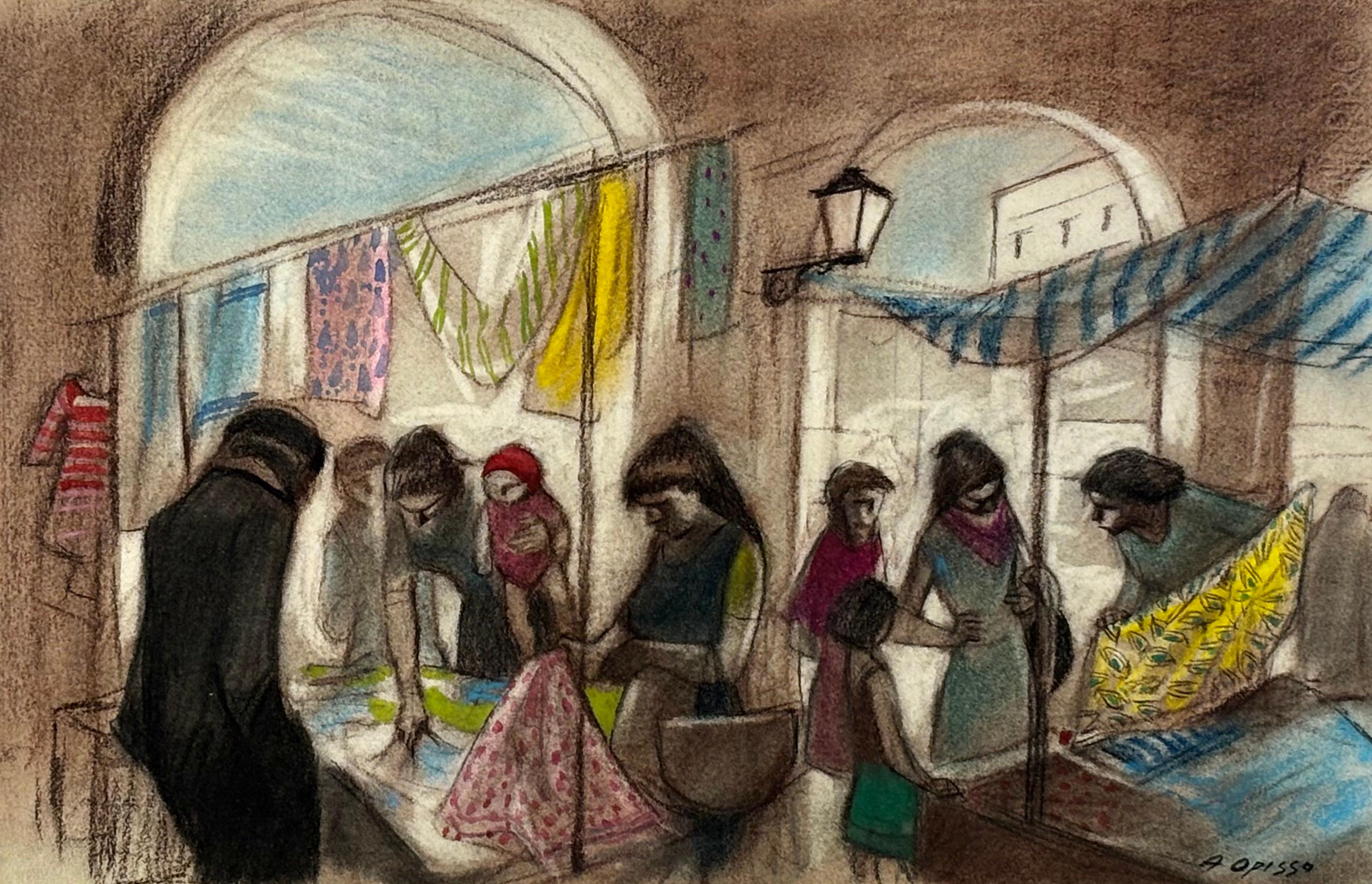 Alfredo Opisso Figurative Painting - Técnica mixta - Escena de mercado