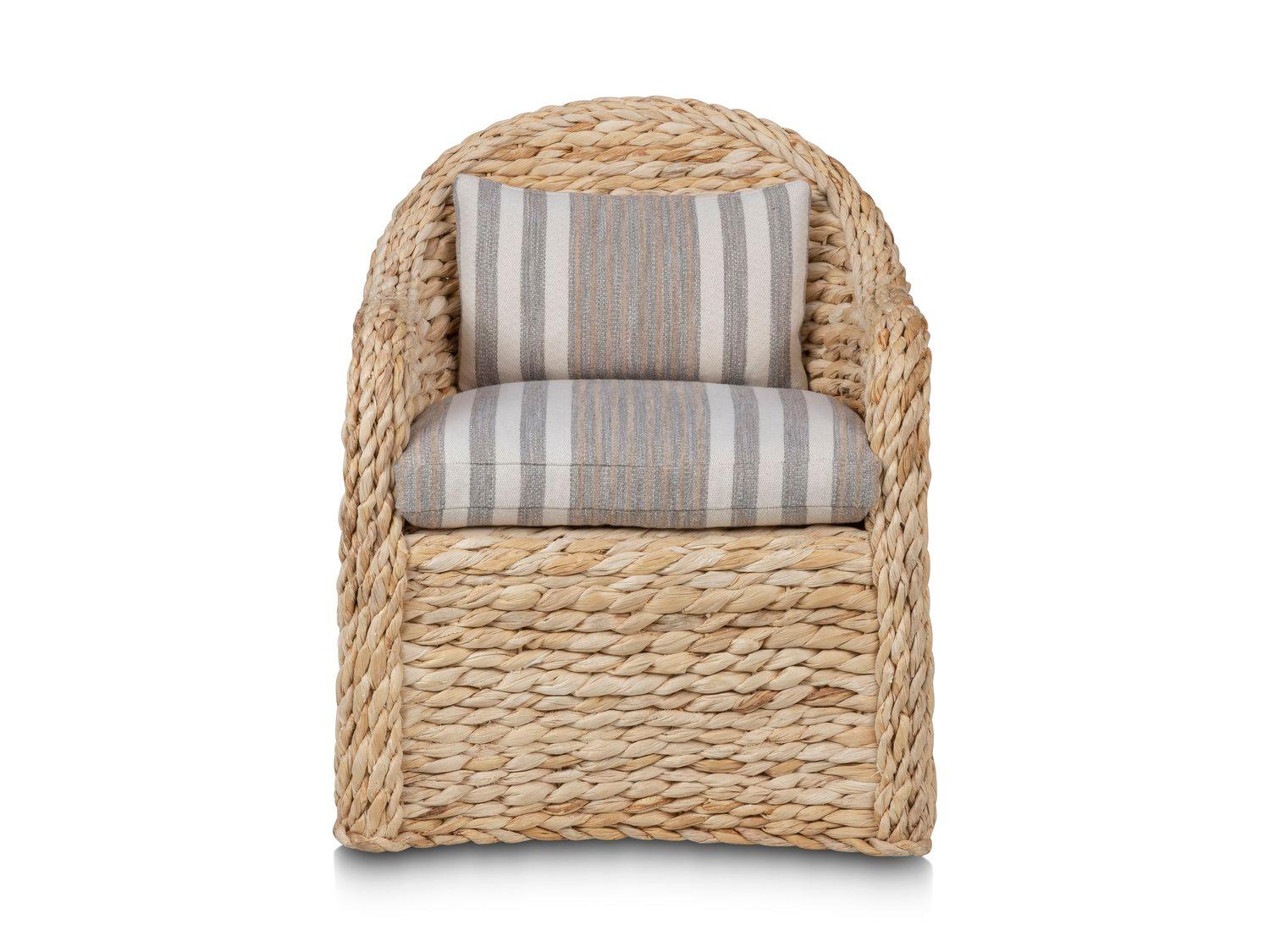 A rustic woven dining chair with a sophisticated tropical feel. The boldly scaled twisted seagrass conveys a light and casual elegance.

- Woven Banana Bark
- Foam and Fiberdown Seat Pad
- Recessed Casters
- Only Available in Bleached