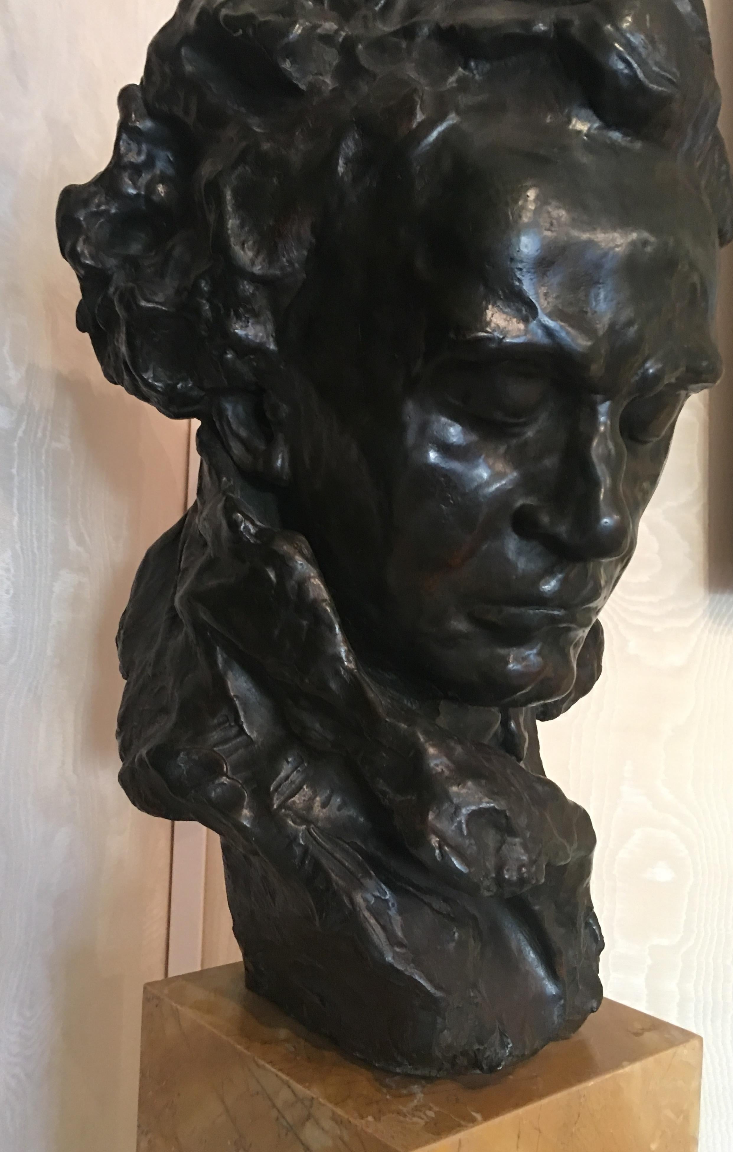 “Bust of Beethoven”

Brown-green patina Bronze sculpture signed Alfredo PINA  (1887-1966)
Lost wax with stamp « A.G.PARIS” for Adolphe Gruet

Height : 21.7 inches			Width : 7.5 inches
Height : 57cm   	Width:  32 cm  	Depth: 29cm


Yellow marble