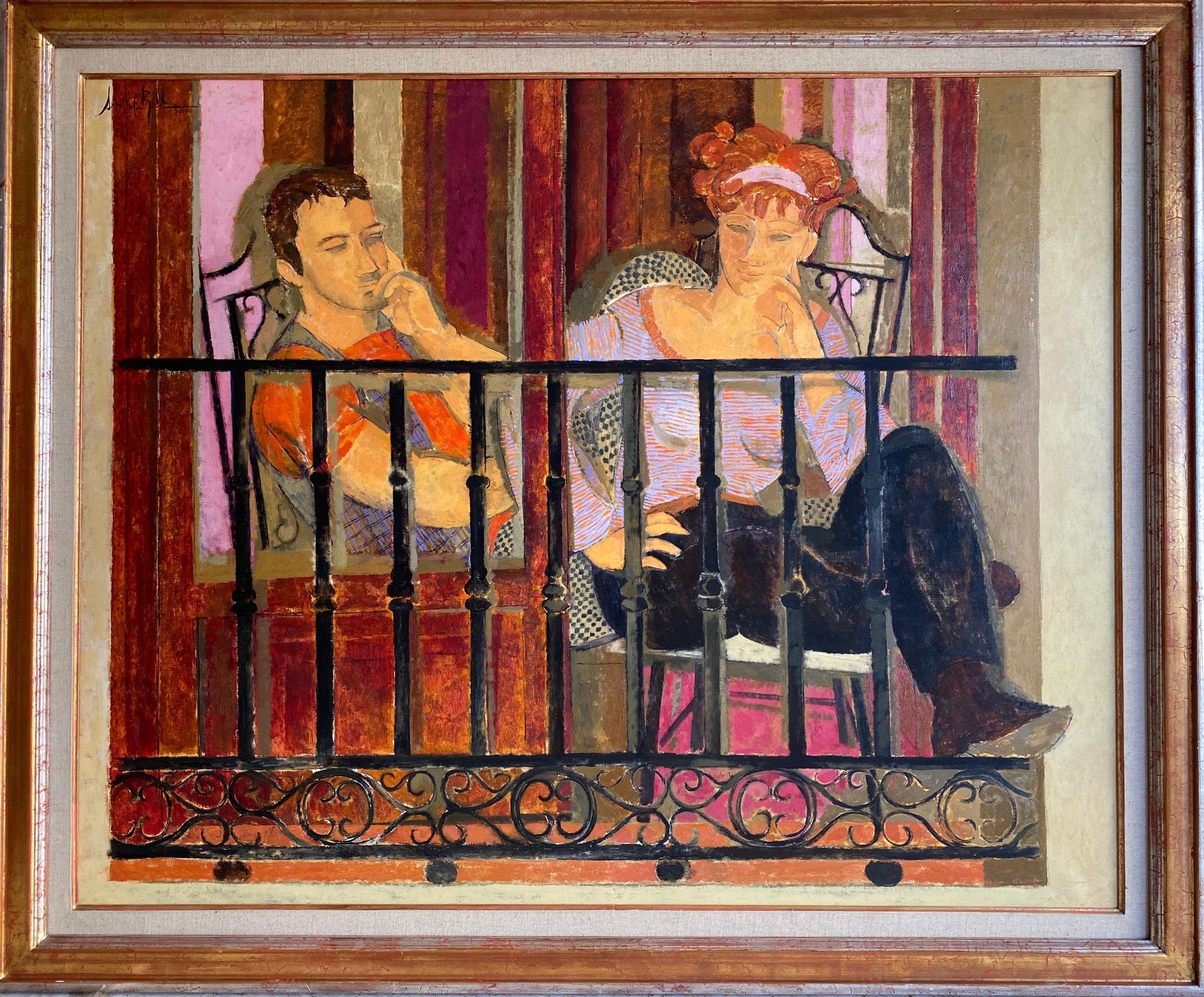 Couple on the balcony. Large format young woman and man portrait. For Sale 10