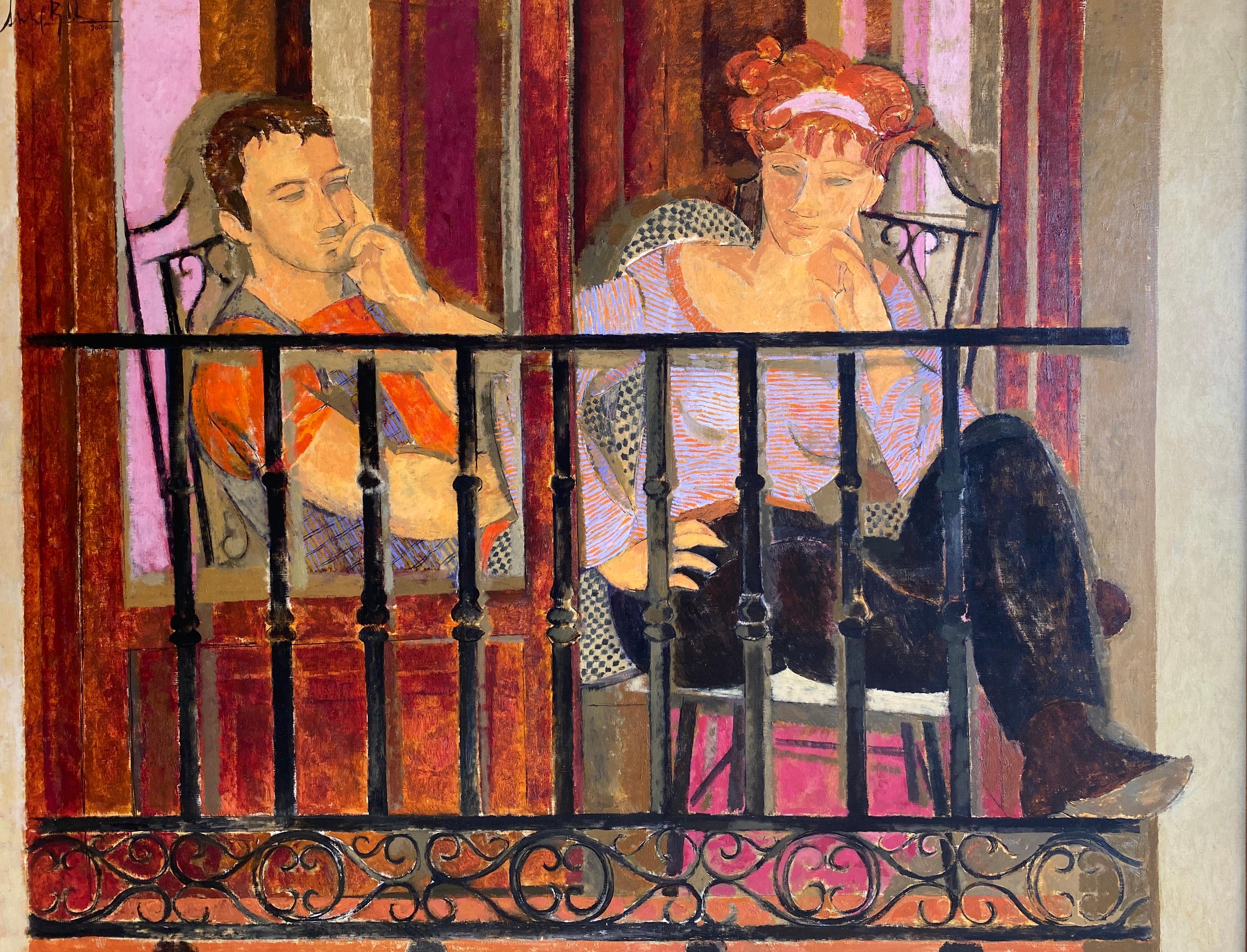 Couple on the balcony. Large format young woman and man portrait. - Painting by Alfredo Roldan