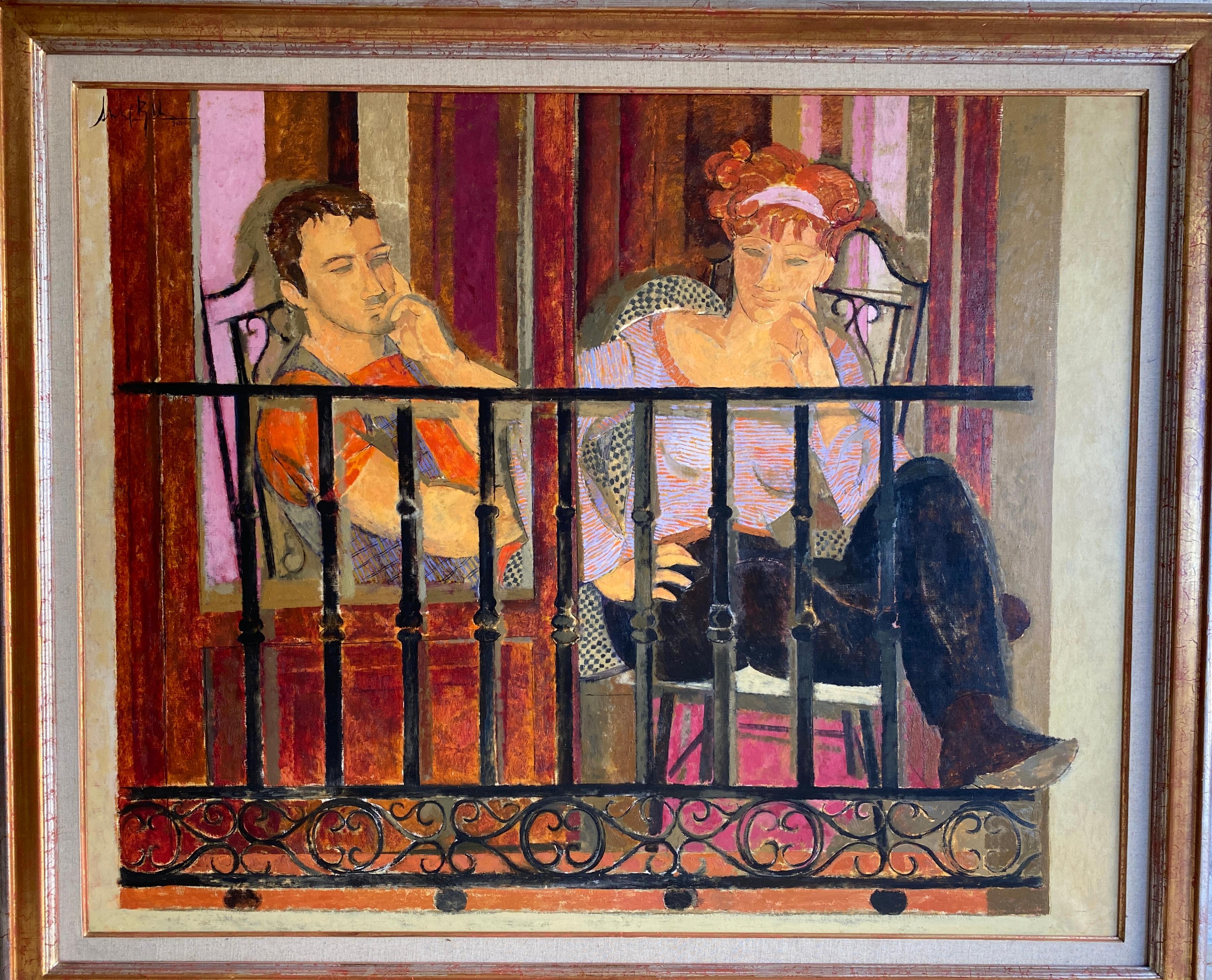 Couple on the balcony. Large format young woman and man portrait. - Modern Painting by Alfredo Roldan