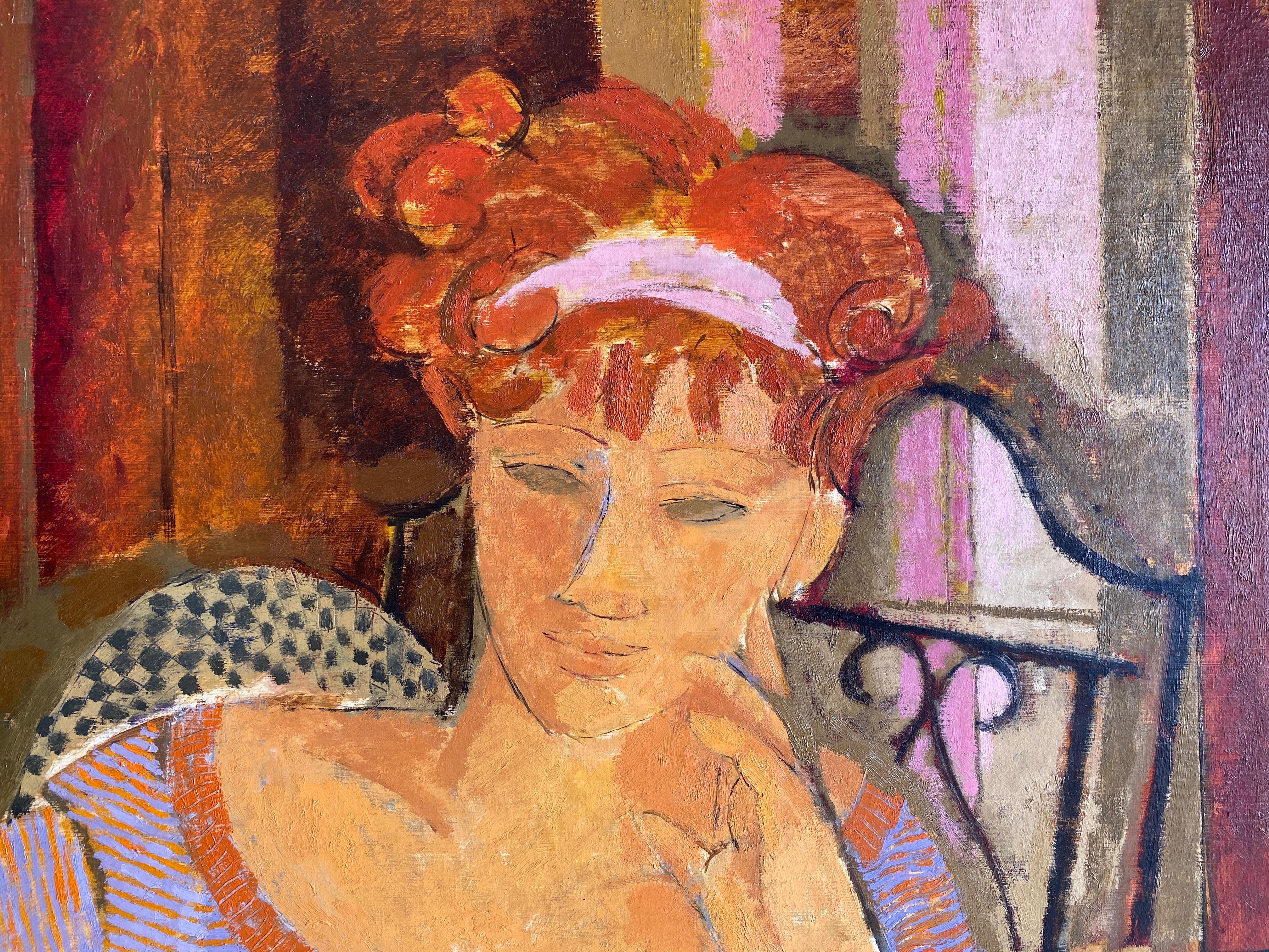Coppia sul balcone. Ritratto di giovane donna e uomo di grande formato. - Portrait Painting Marrone di Alfredo Roldan