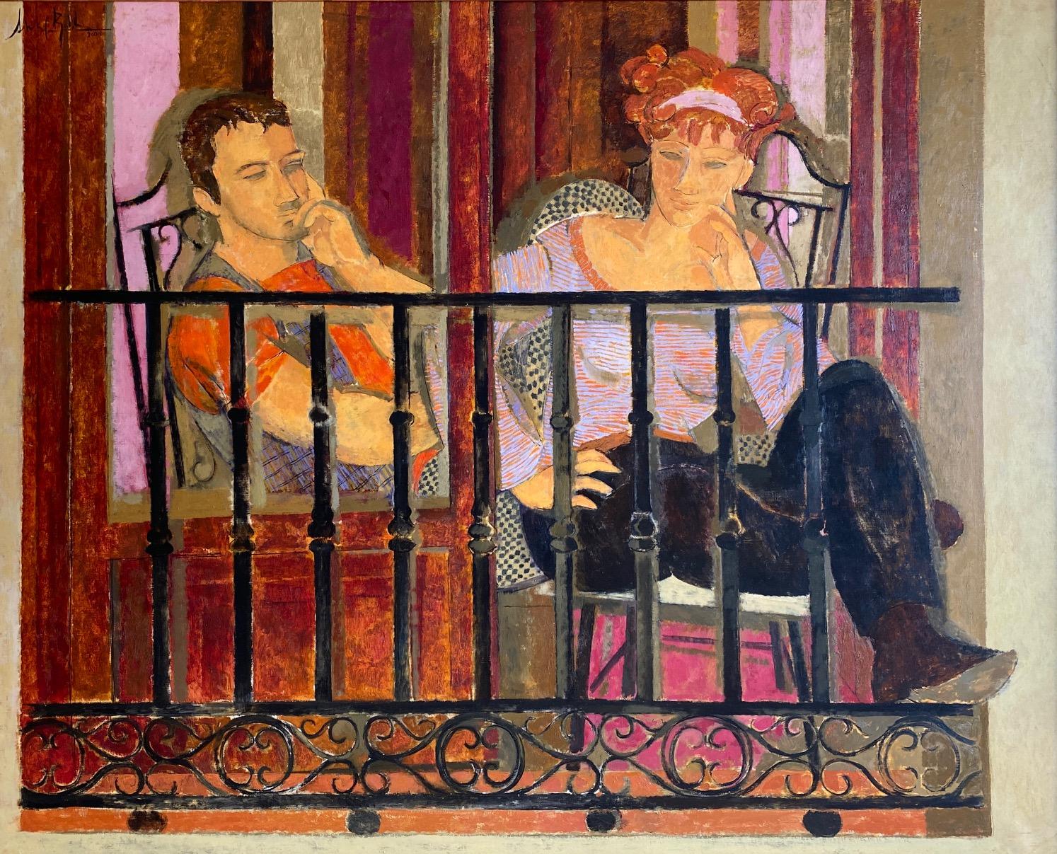 Alfredo Roldan Portrait Painting – Paar auf dem Balkon. Großformatiges Porträt einer jungen Frau und eines Mannes.