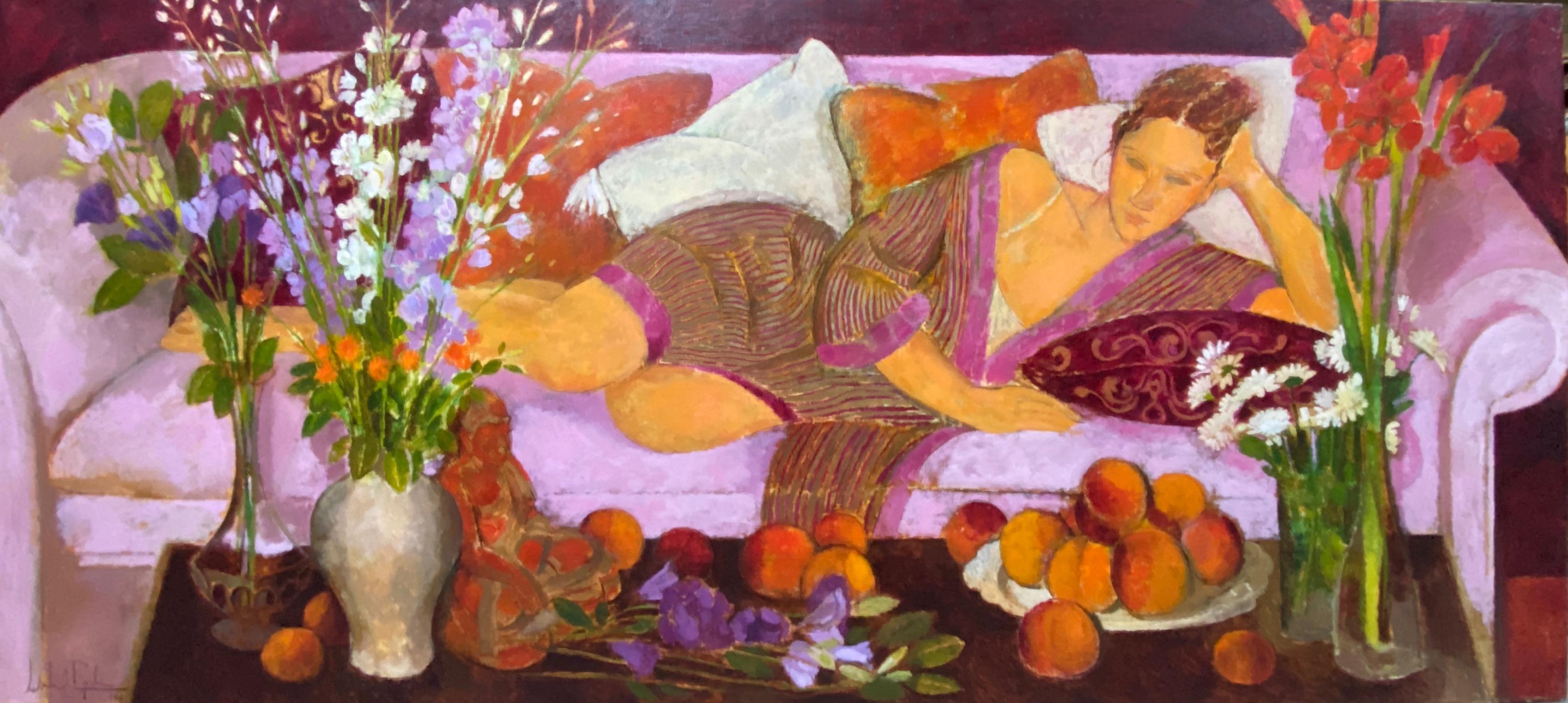 Raquel. Interno di grande formato con ritratto di donna e natura morta - Painting di Alfredo Roldan