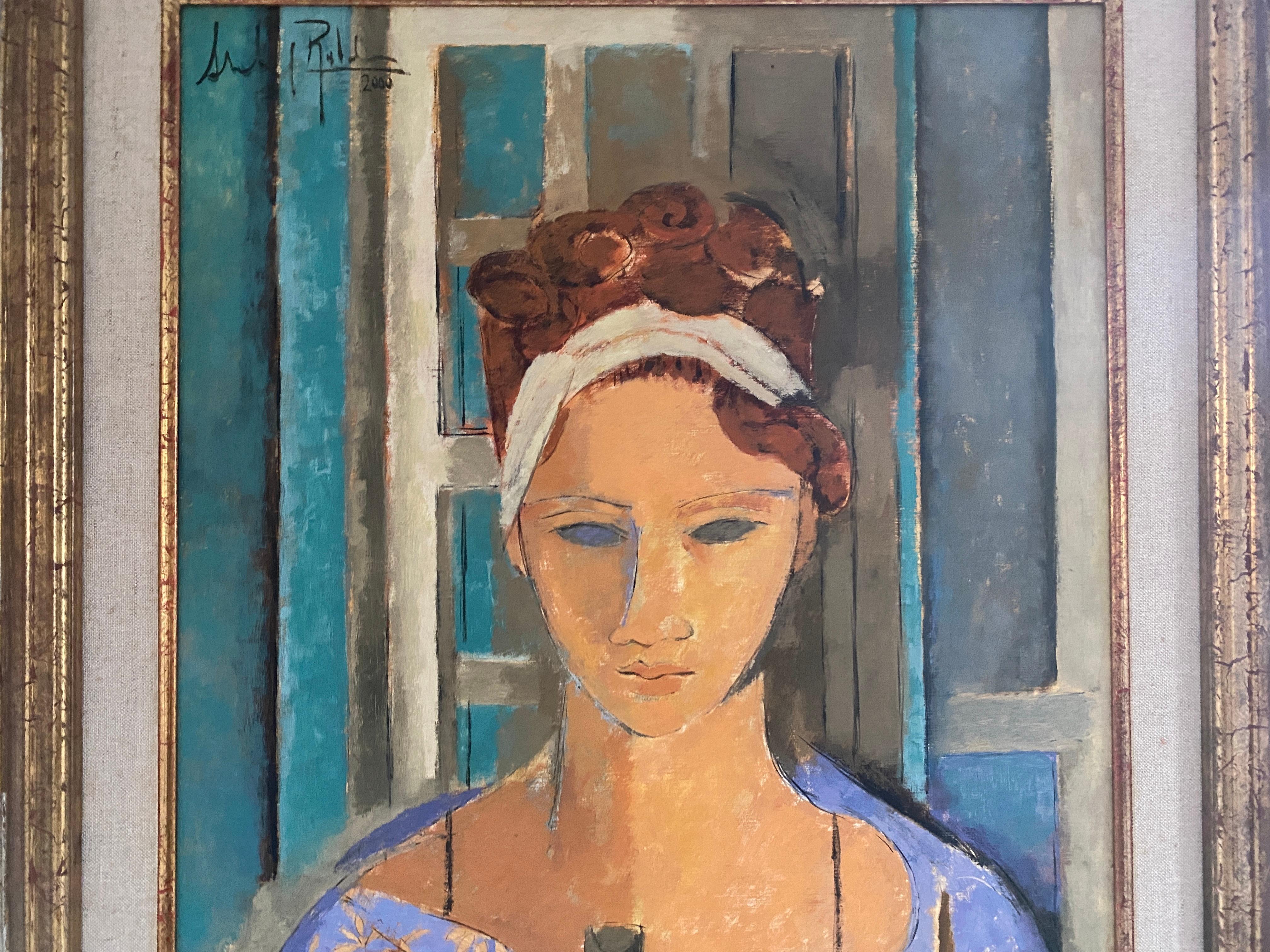 The waitress. Three quarter portrait.  Contemporary Cubist style. Oil paint For Sale 7